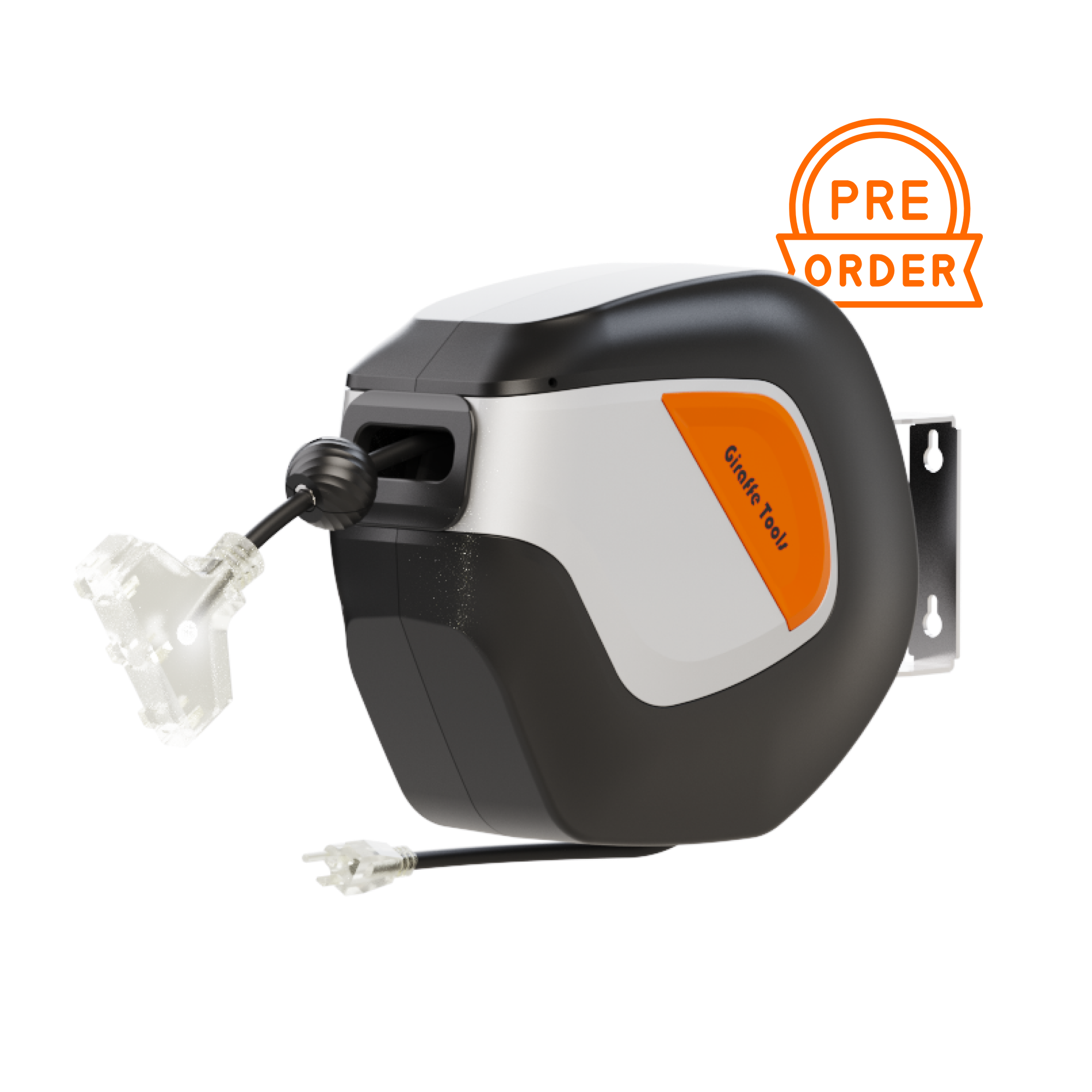 Giraffe Tools retractable extension cord reel, black with gray body and orange accents