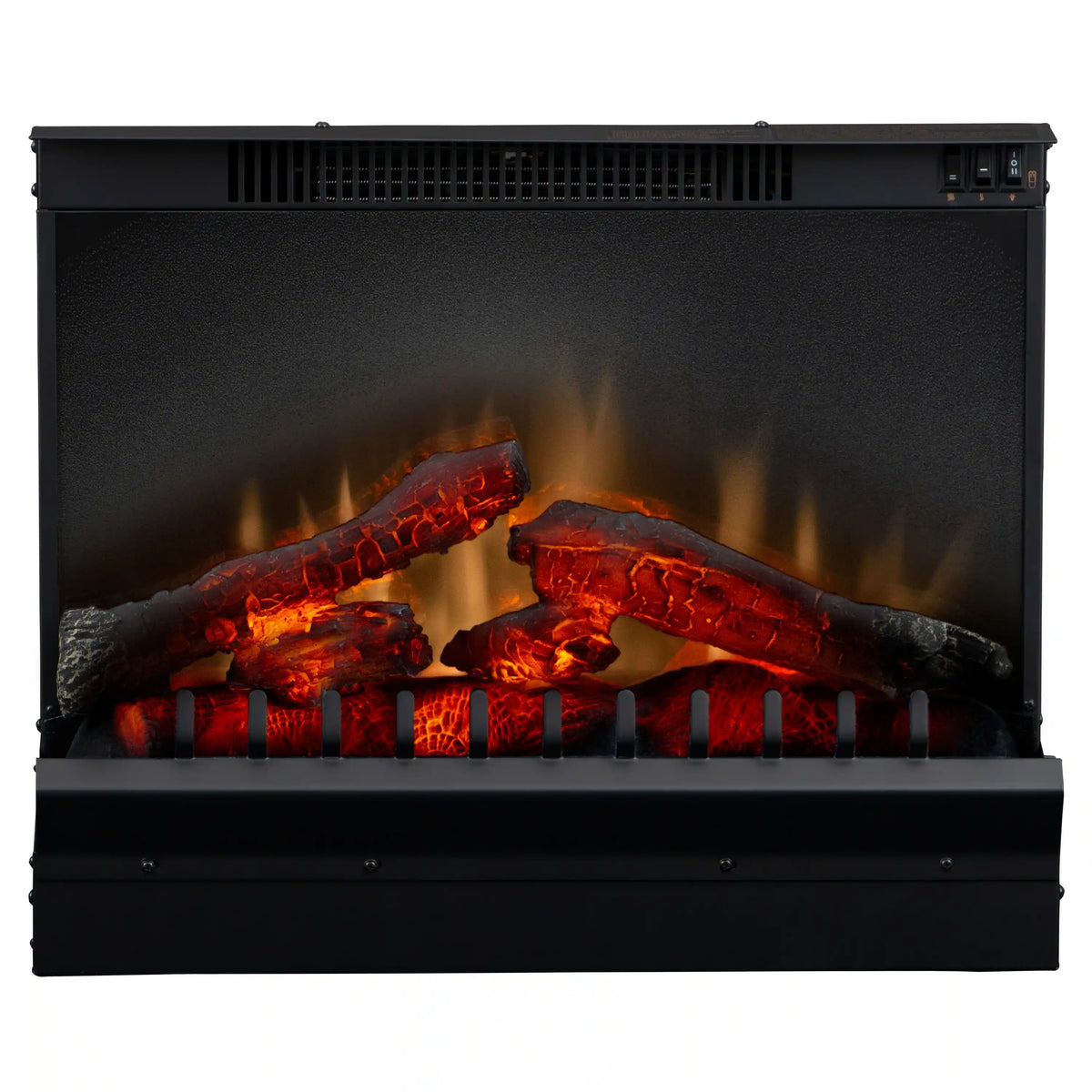 Black electric firebox insert with LED logs and ember glow, front view
