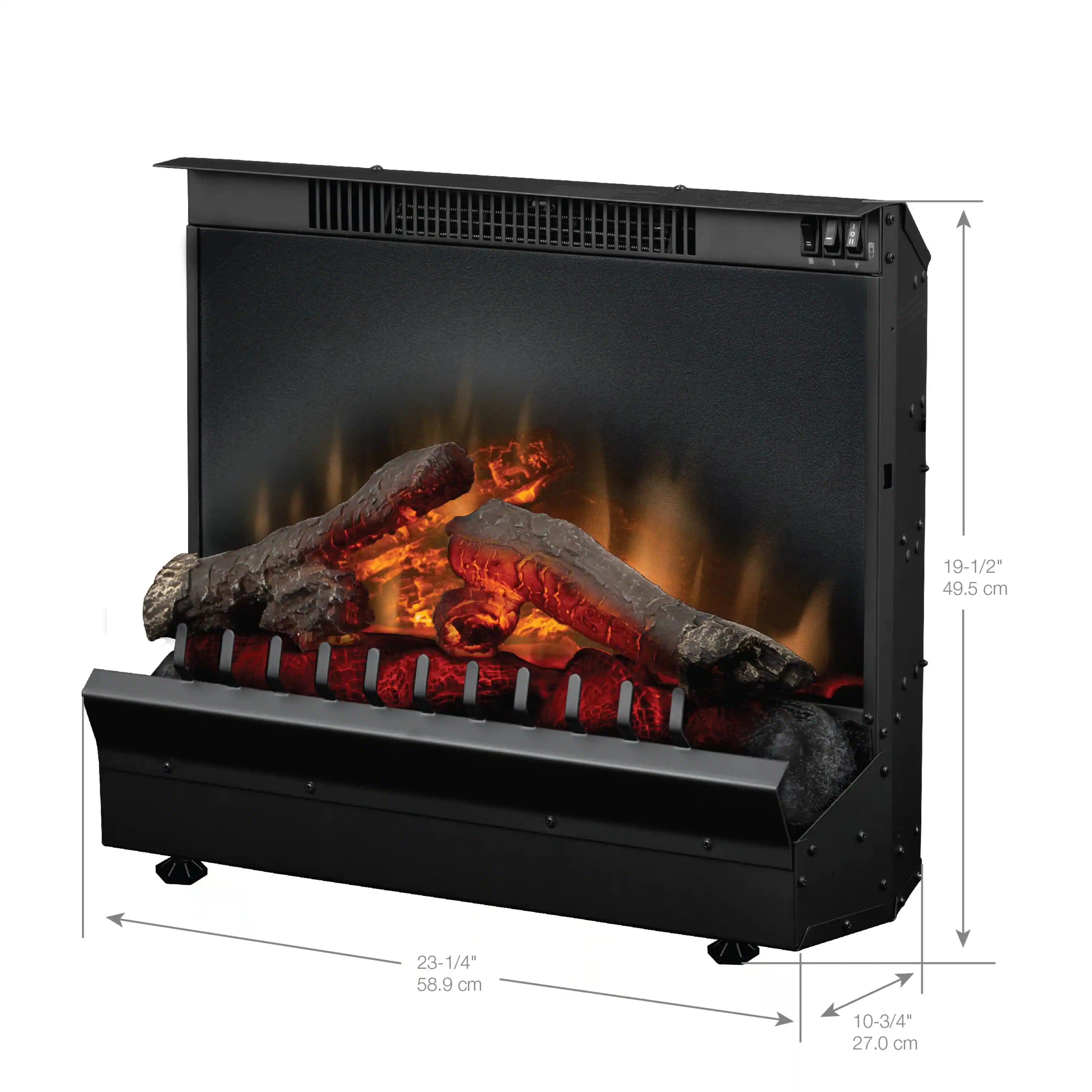 Black electric firebox insert with LED log set, front angled view