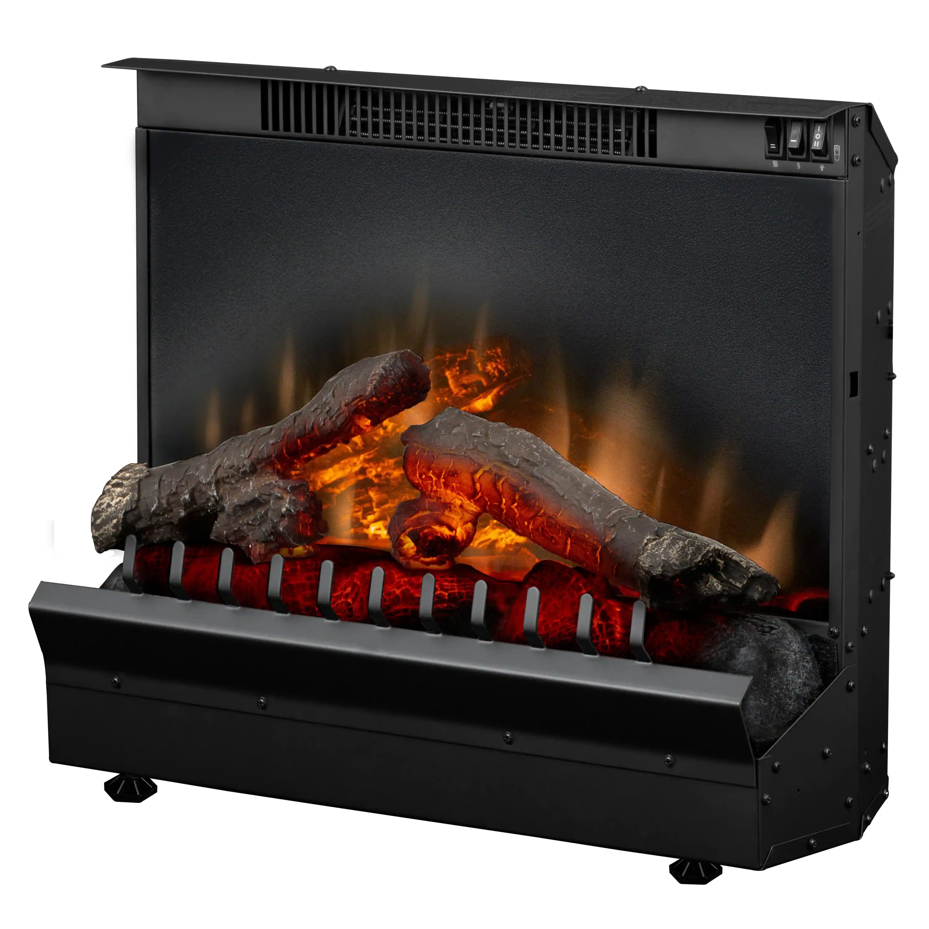Black electric firebox insert with LED log set, glowing ember bars and flames
