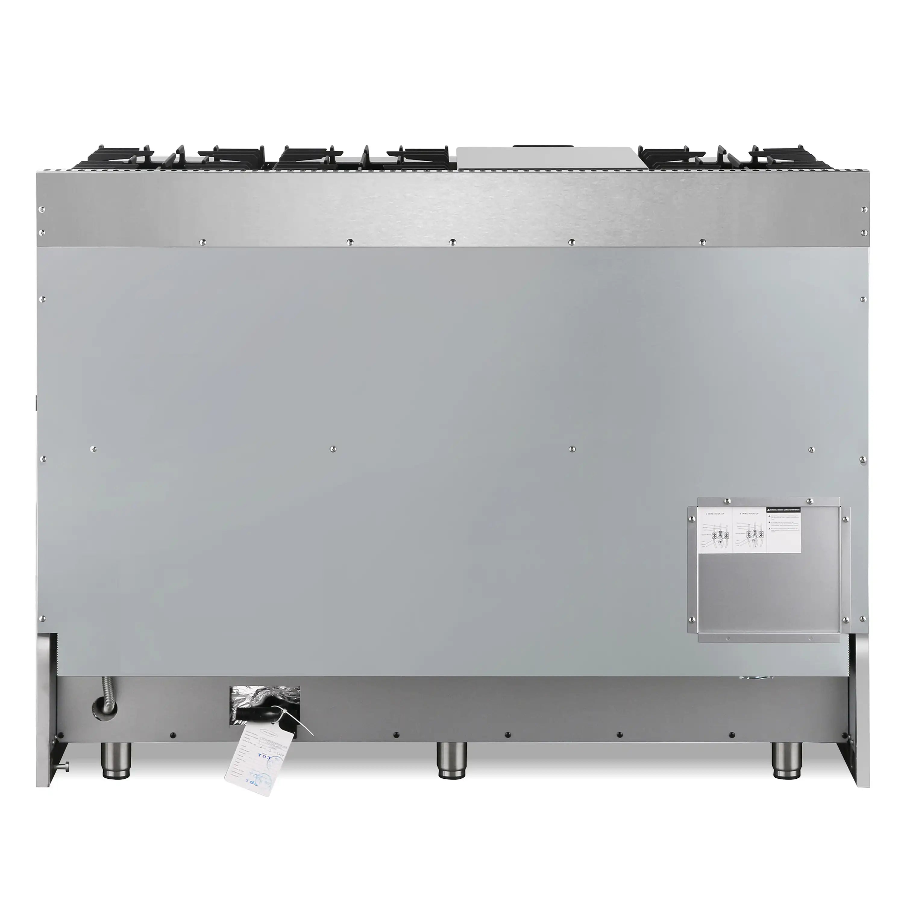 Stainless steel range back panel with service connection box and level feet