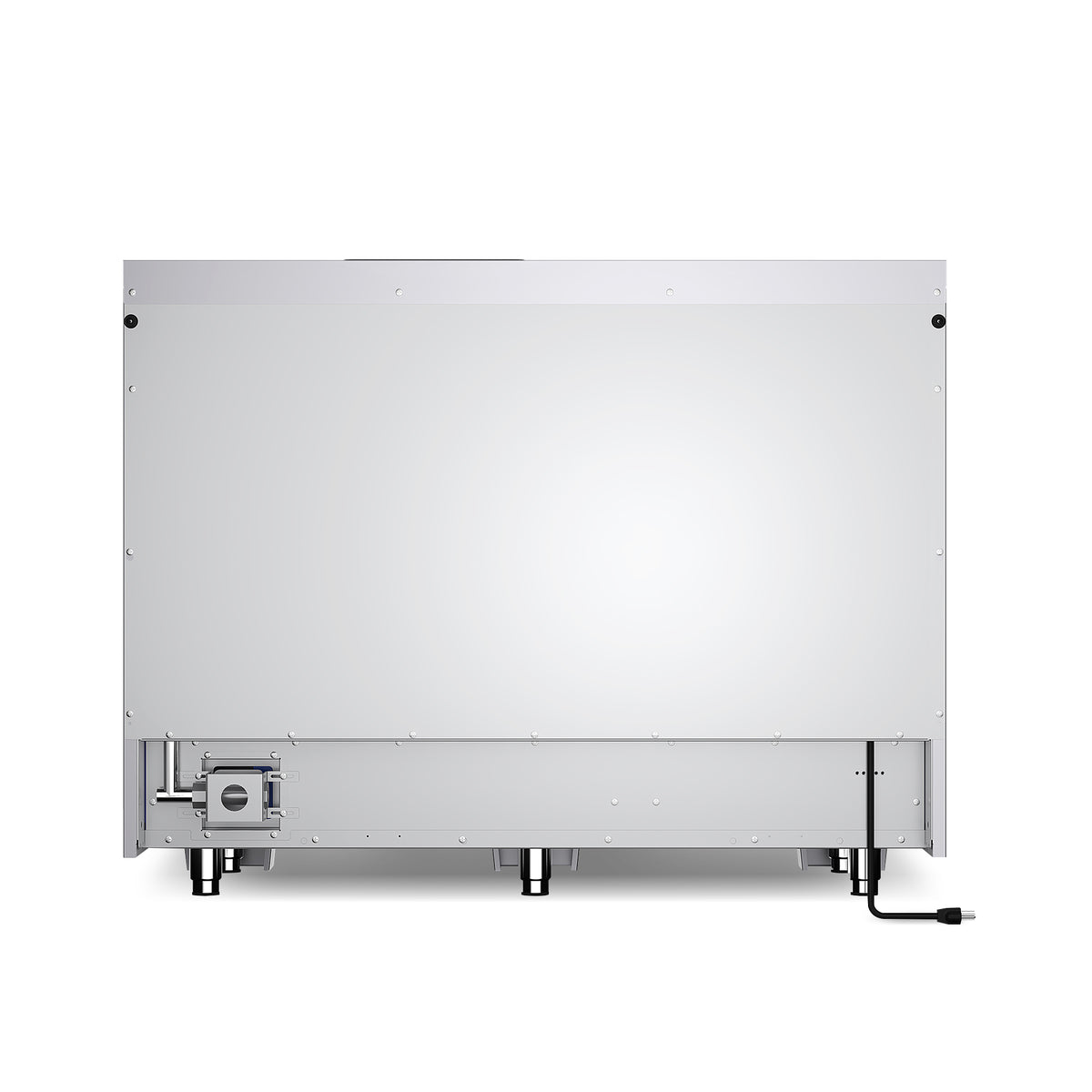 Bottom rear of stainless steel dual fuel range with mounting panel and connections