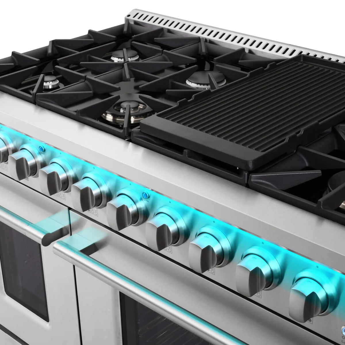 Stainless steel dual fuel range cooktop with black grates, griddle, and control knobs