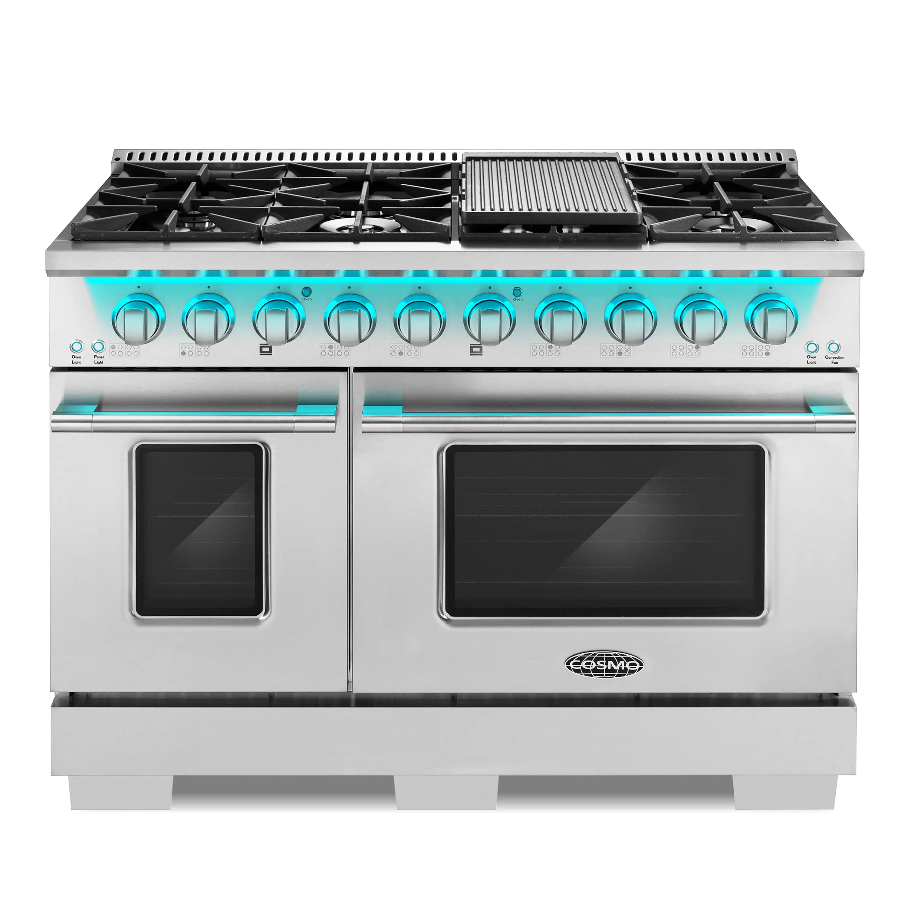 Stainless steel dual fuel range front view with dual oven doors and gas burners