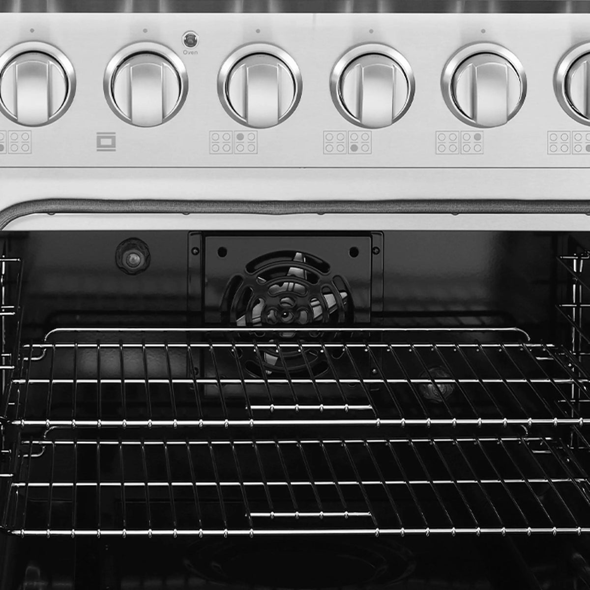 Dual fuel range oven interior with wire racks and burner at back