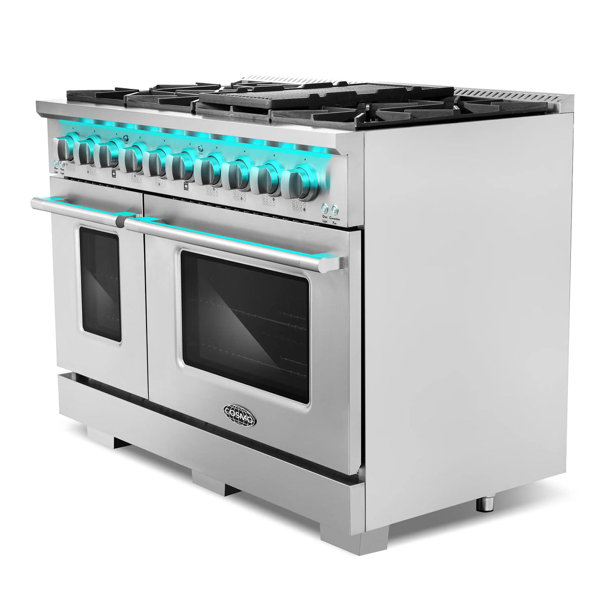 Stainless steel dual fuel range side view with illuminated control knobs and oven doors