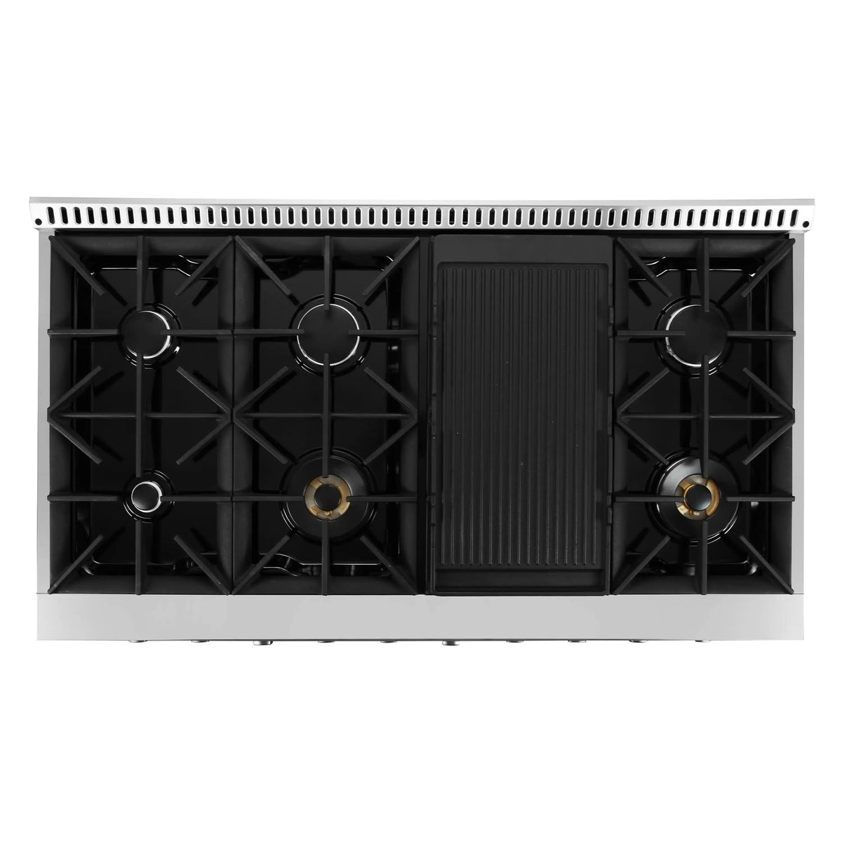 Dual fuel range cooktop with four burners and a center griddle grates