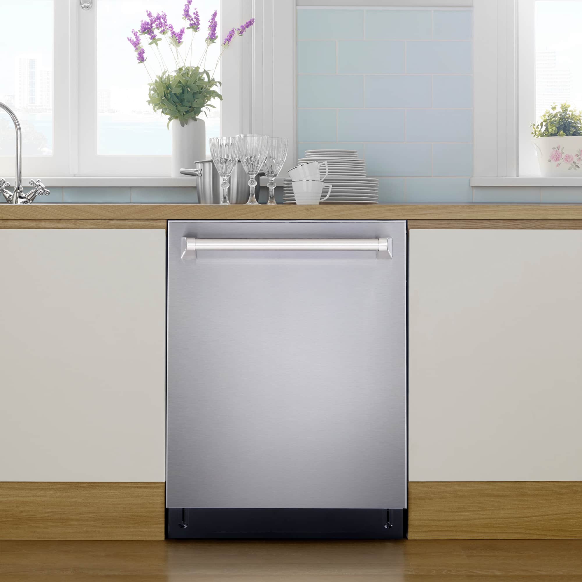 Stainless steel dishwasher door with flat panel and horizontal handle bar