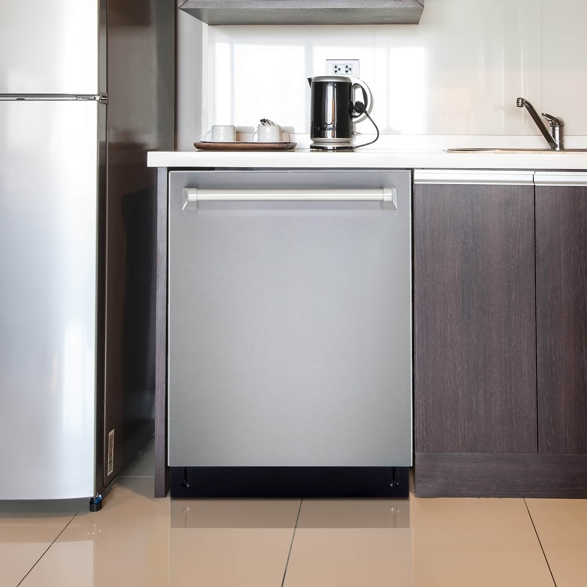 Built-in stainless steel dishwasher with front handle in a modern kitchen