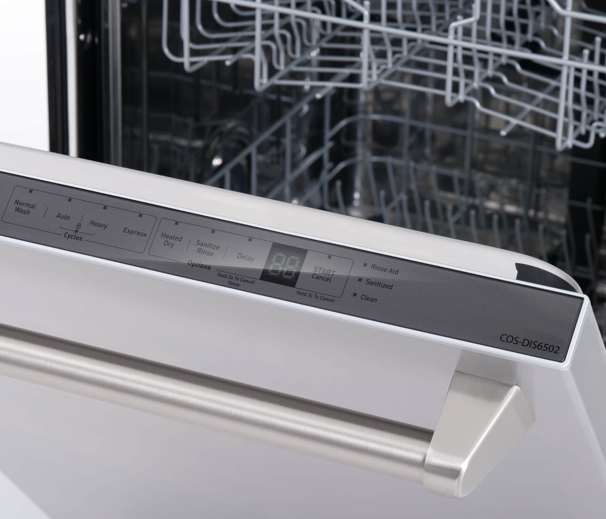 Dishwasher control panel with buttons and digital display along the top front