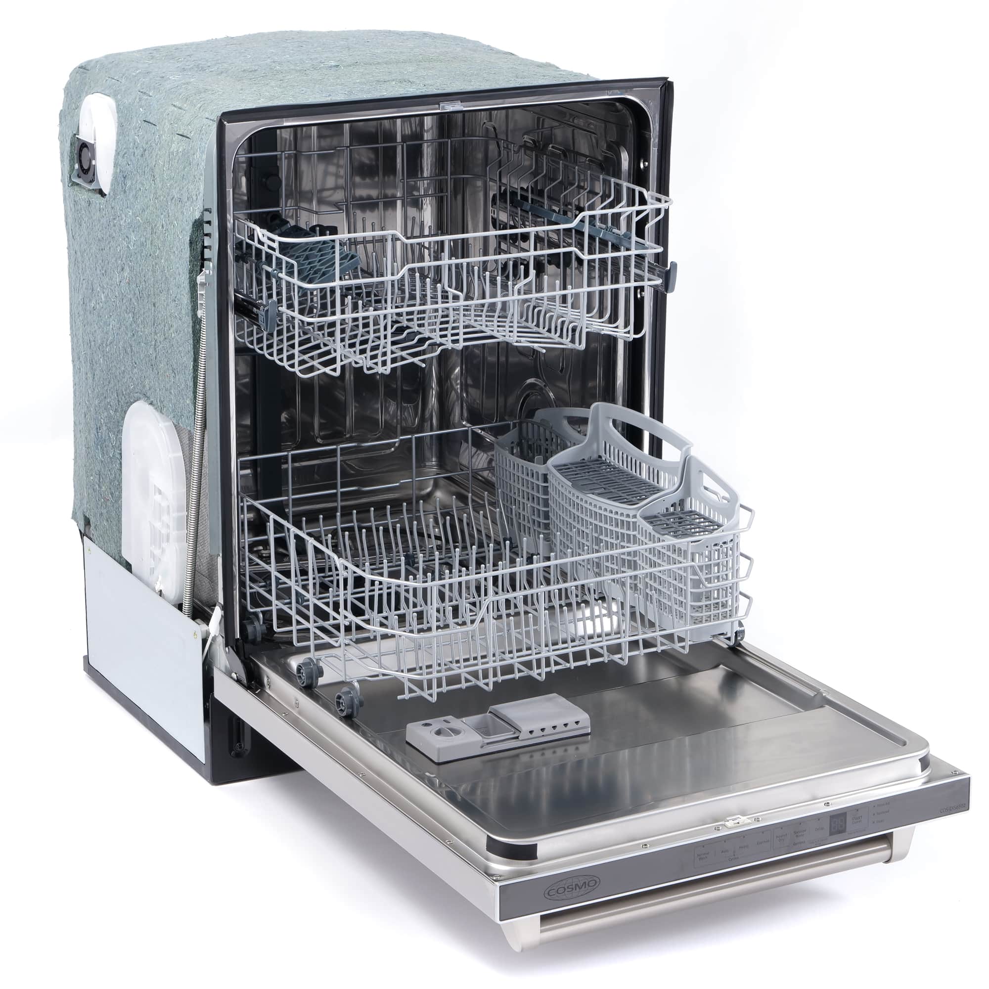 Front-open stainless steel dishwasher with racks and gray utensil basket inside