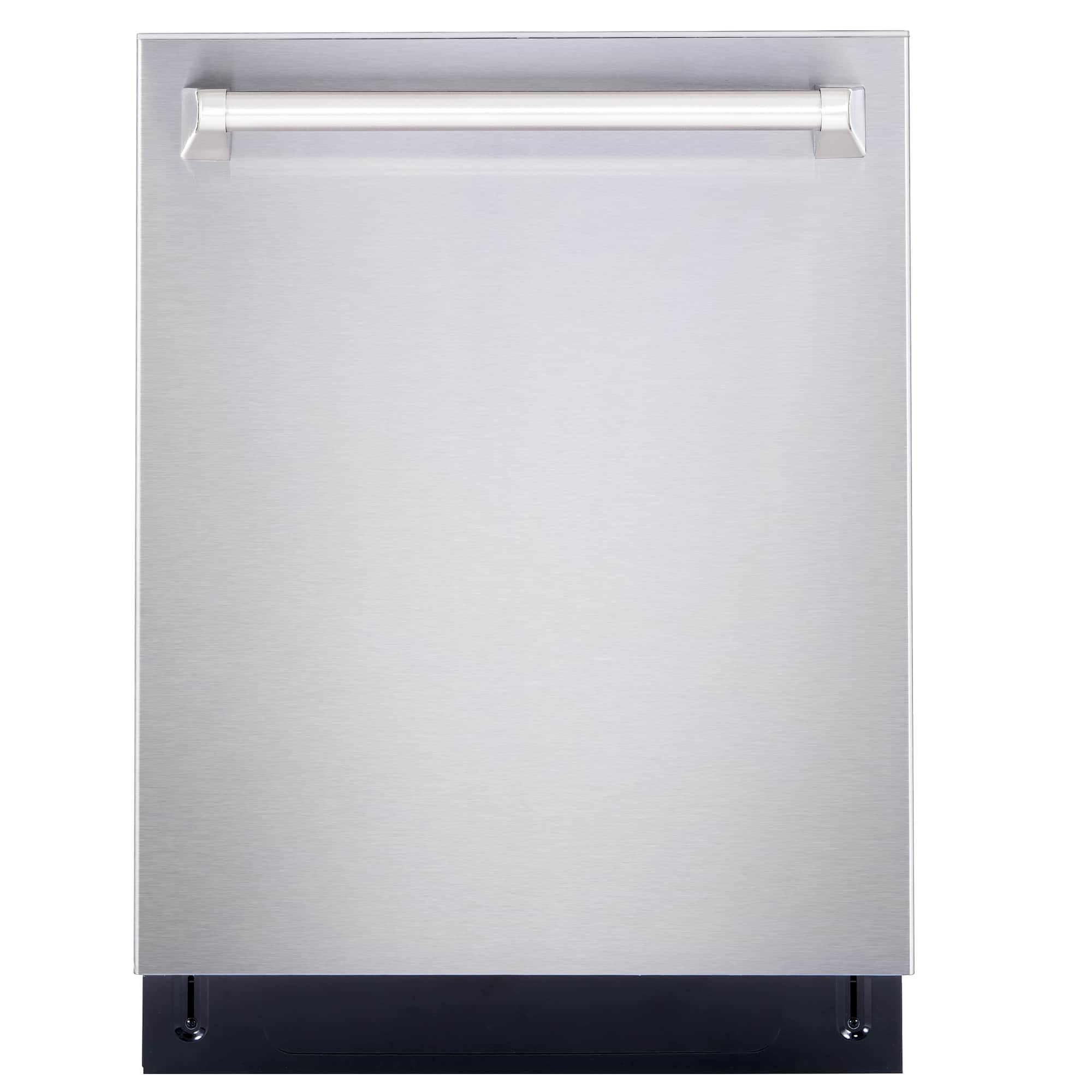 Tall dishwasher front view with stainless steel door and top dispenser bar