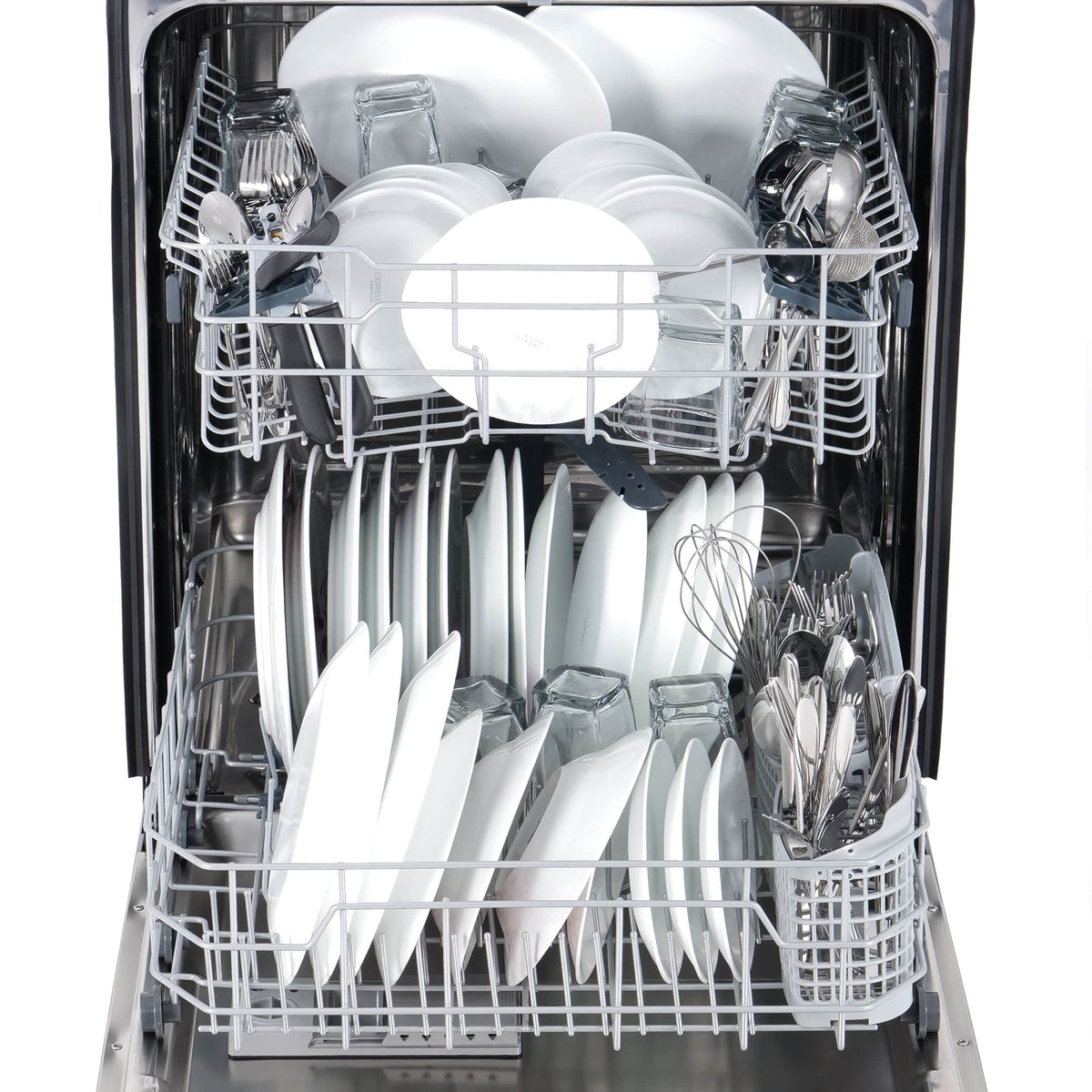 Dishwasher interior view with upper rack, stemware holders, and cutlery area