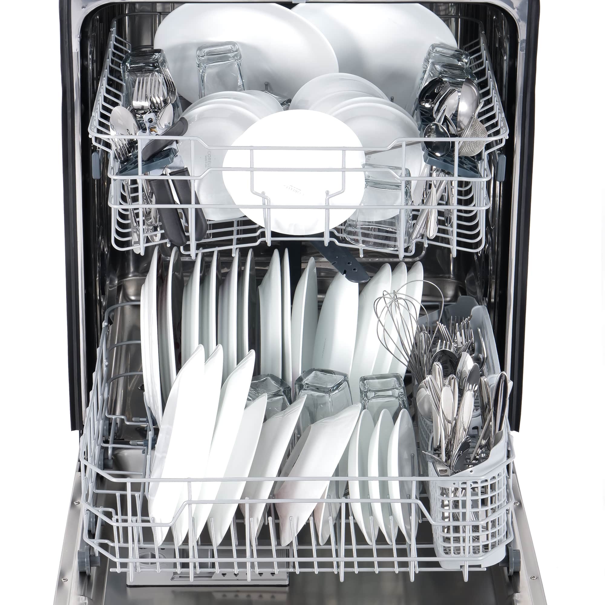 Dishwasher interior with plates, bowls, and cutlery arranged in racks