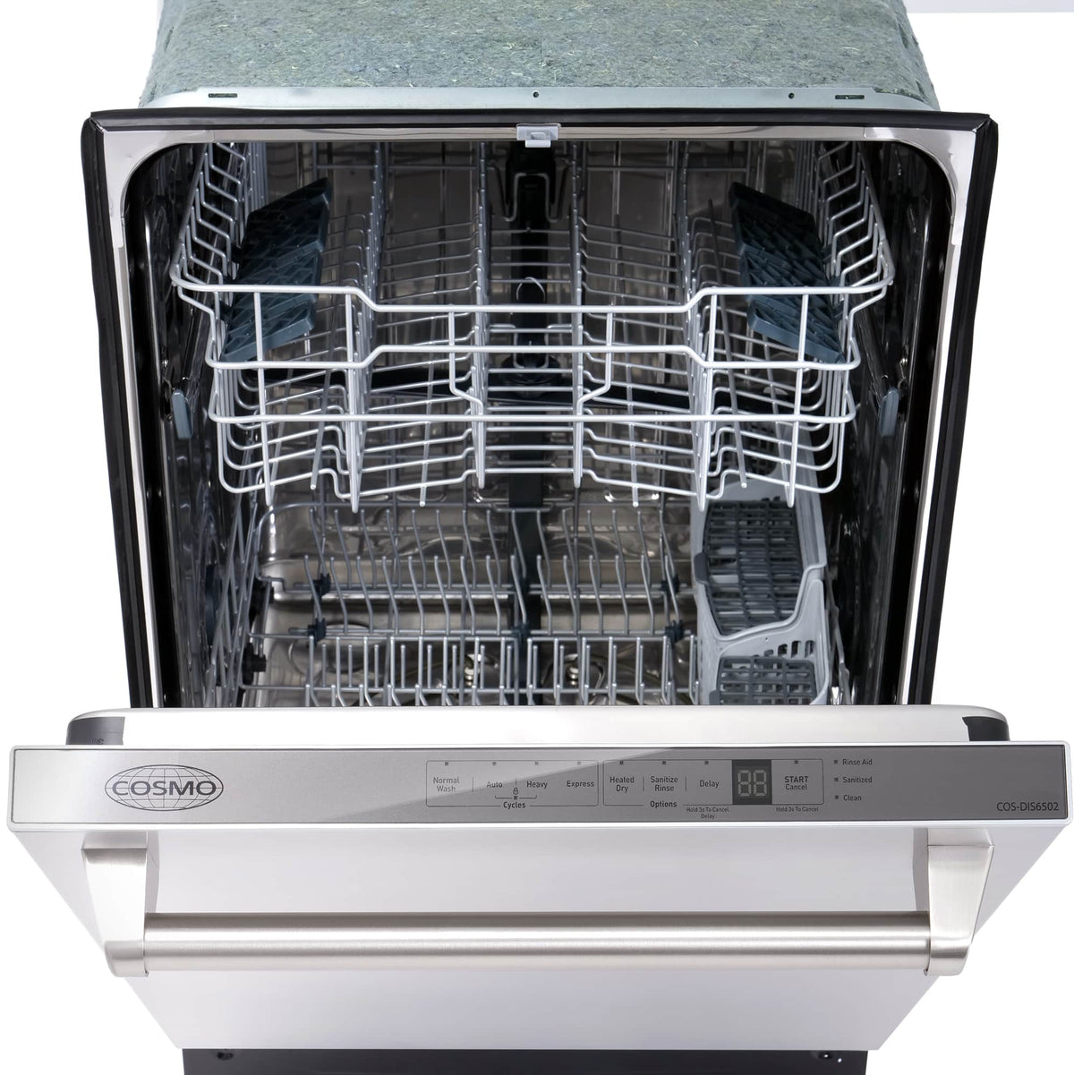 Stainless steel dishwasher interior with upper and lower racks visible