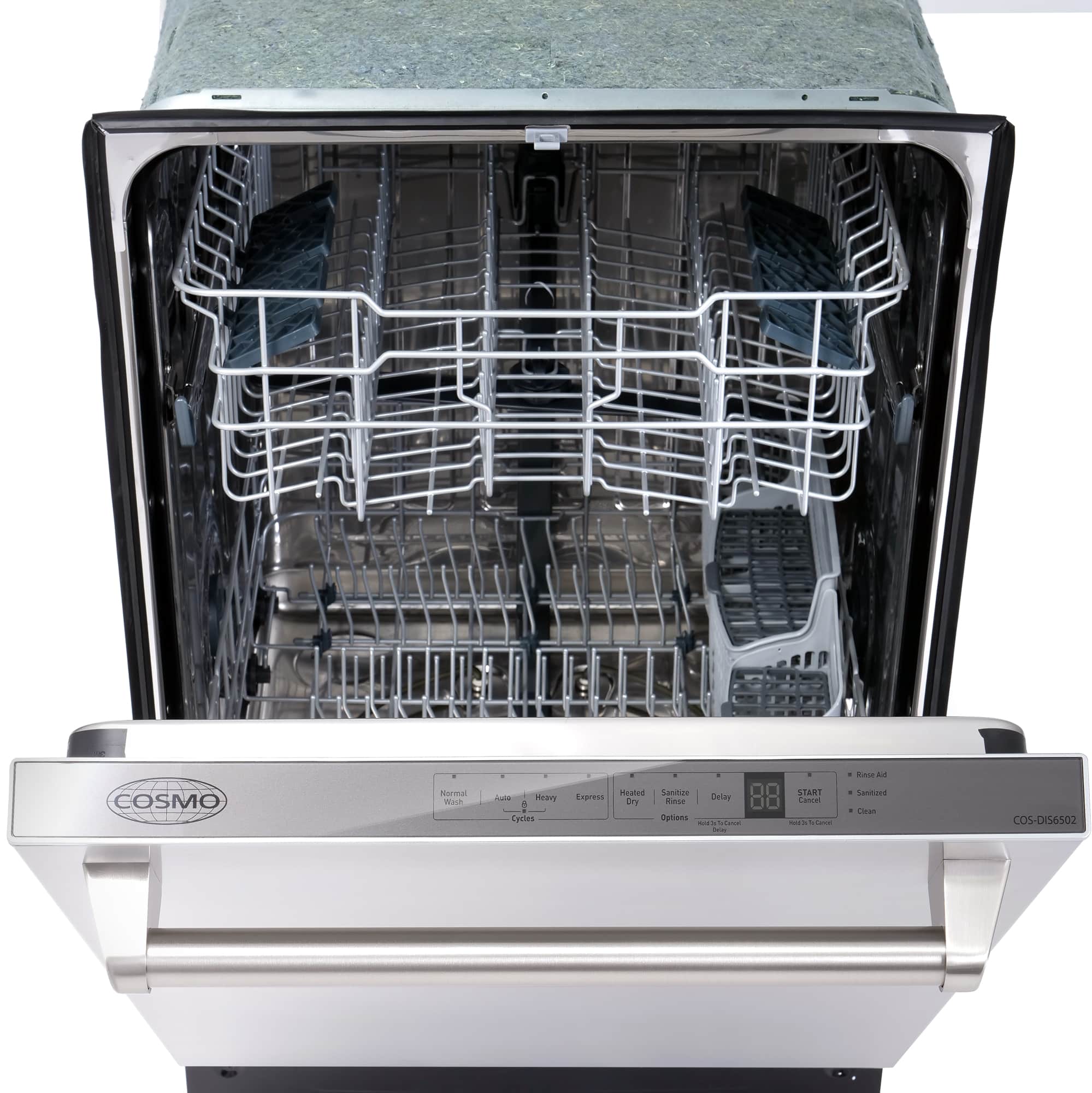 Built-in dishwasher with open door and metal rack system visible