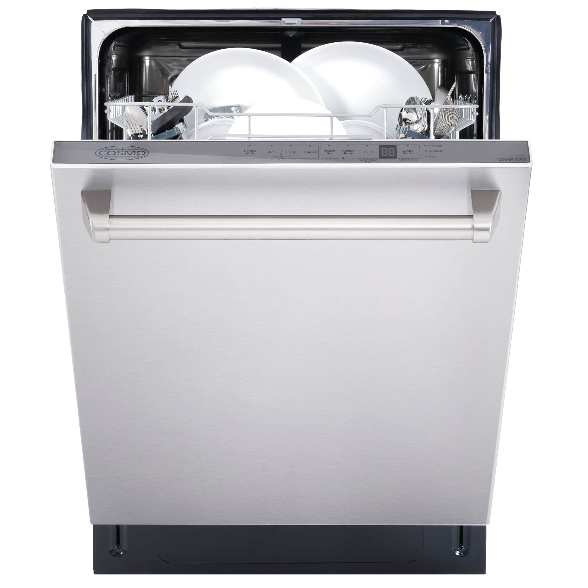 Cosmo stainless steel dishwasher front with open door and racks inside