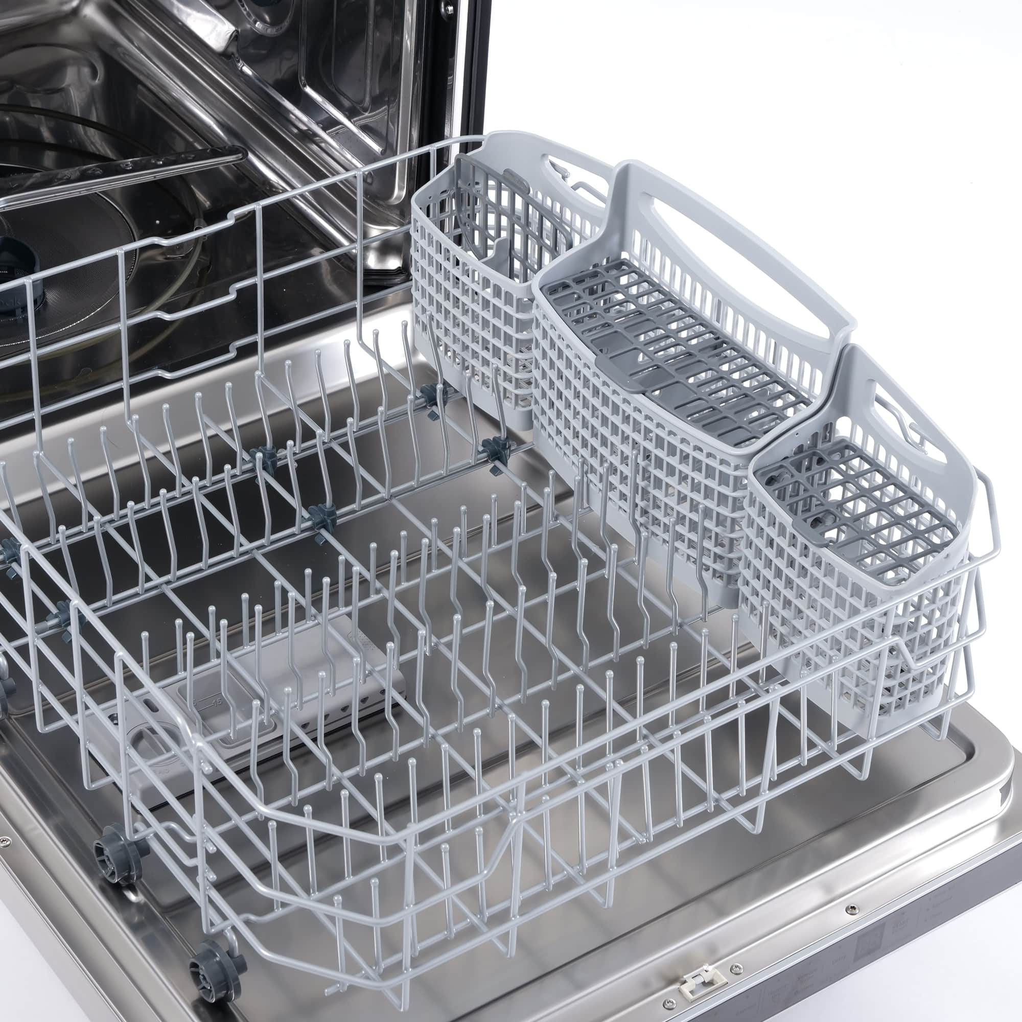 Built-in dishwasher lower rack with utensil holders and upright tines