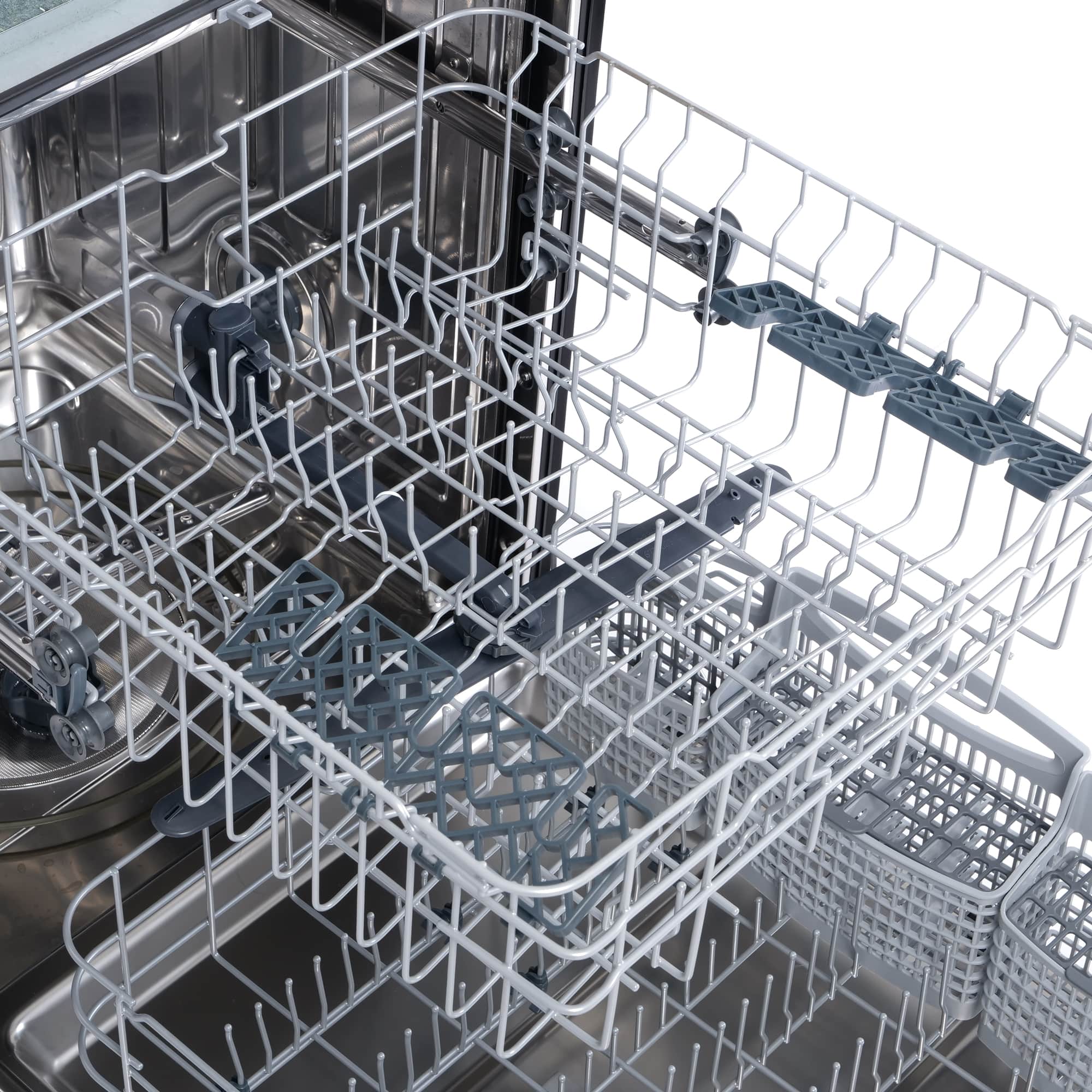 Dishwasher interior showing upper rack, gray utensil holders, and stainless frame
