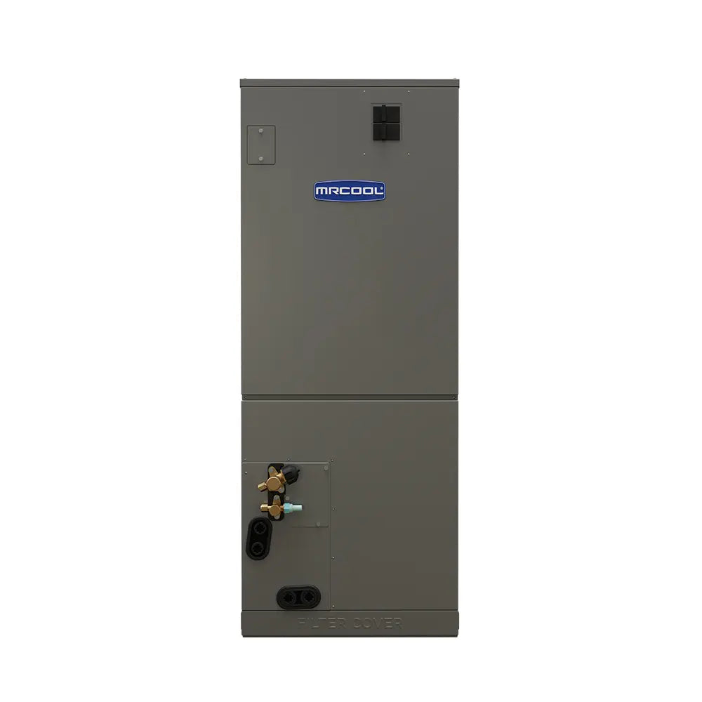 Gray ducted air handler with top electrical box and lower service ports visible