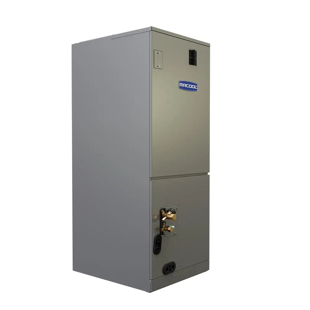Gray ducted air handler with side access door and lower refrigerant connection ports