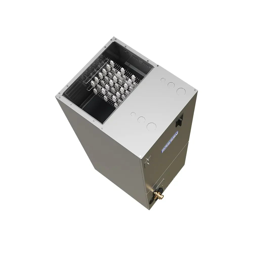 MRCOOL gray ducted air handler with open cabinet showing internal coil and fan area