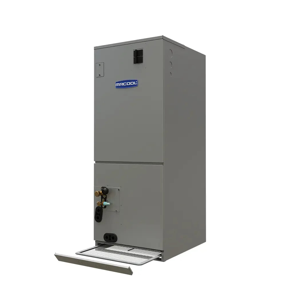 MRCOOL indoor heat pump air handler with pull-out drain pan base, gray cabinet