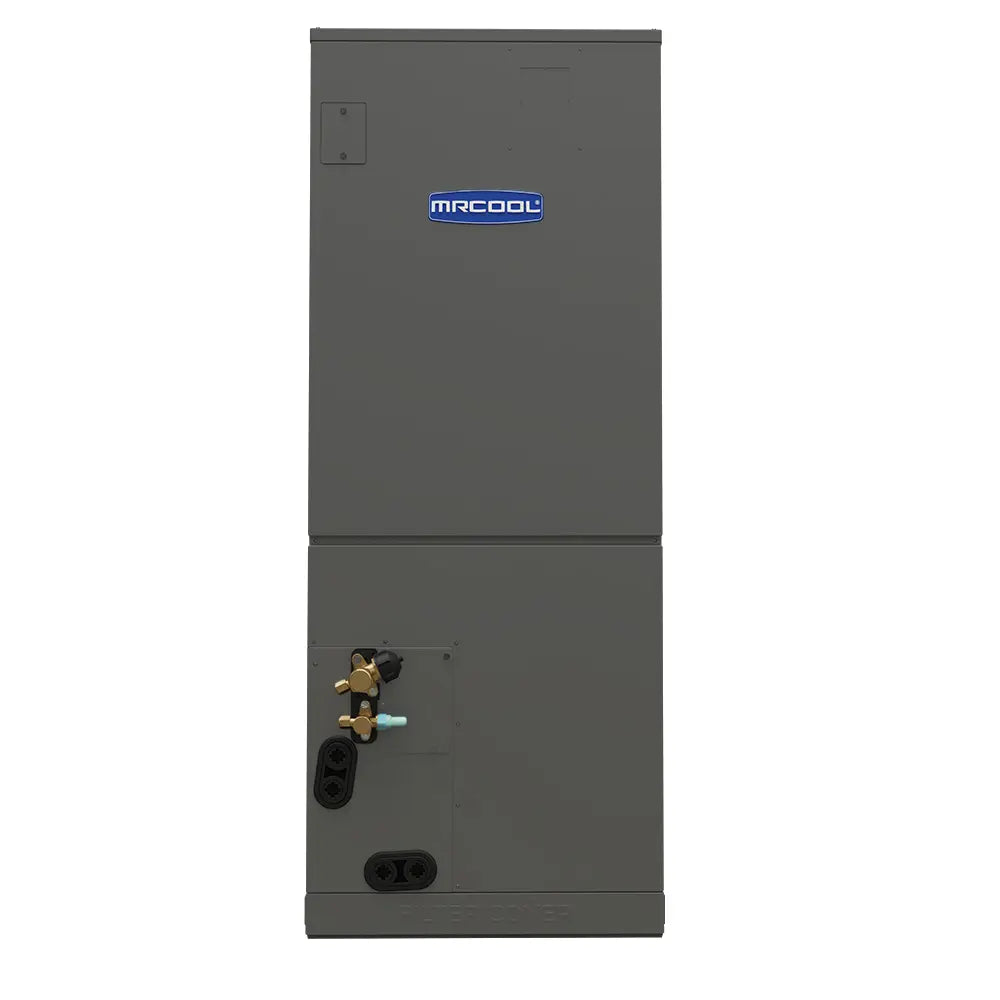 Gray ducted air handler with front service panel showing valve block and ports