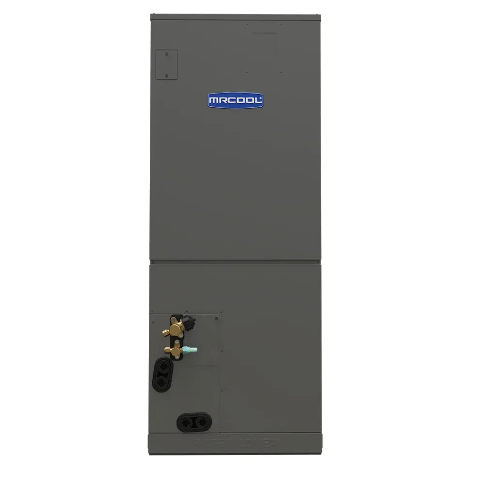 MRCOOL gray outdoor condenser unit with front service ports, stacked HVAC split system