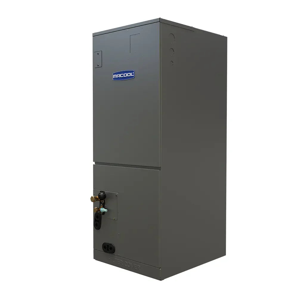 Gray MRCOOL outdoor condenser with front and side service connections on lower panel