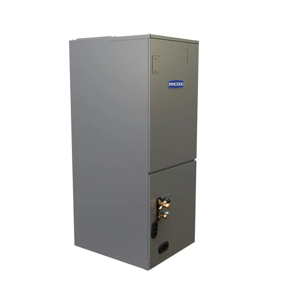 Gray metal ducted air handler cabinet with side access ports and pipe connections
