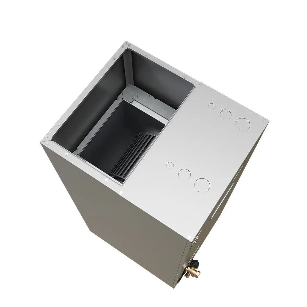Metal ducted air handler with front access opening and fan grille, gray finish