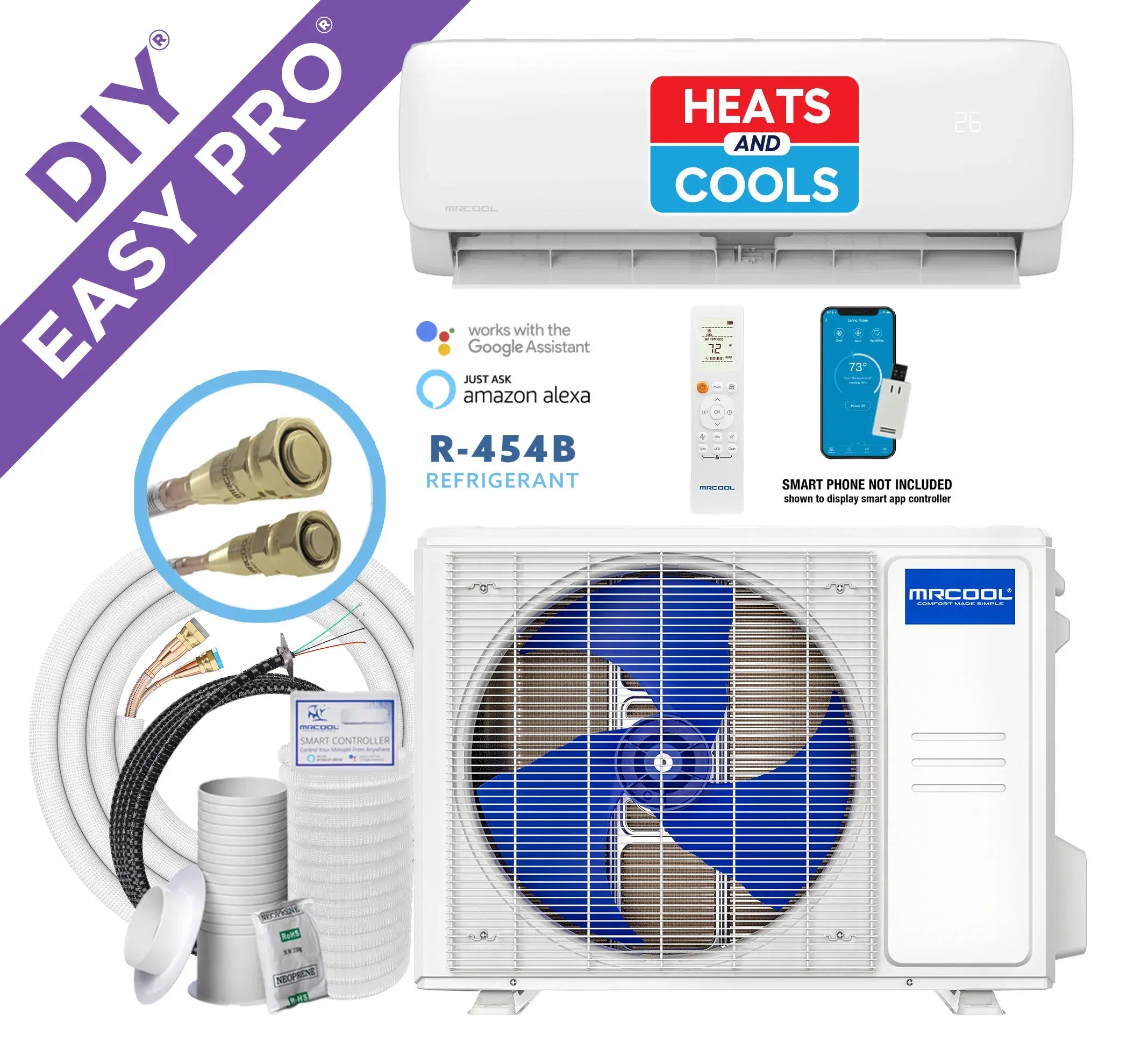 MRCOOL ductless mini split kit with outdoor and indoor units, tubing, and remotes