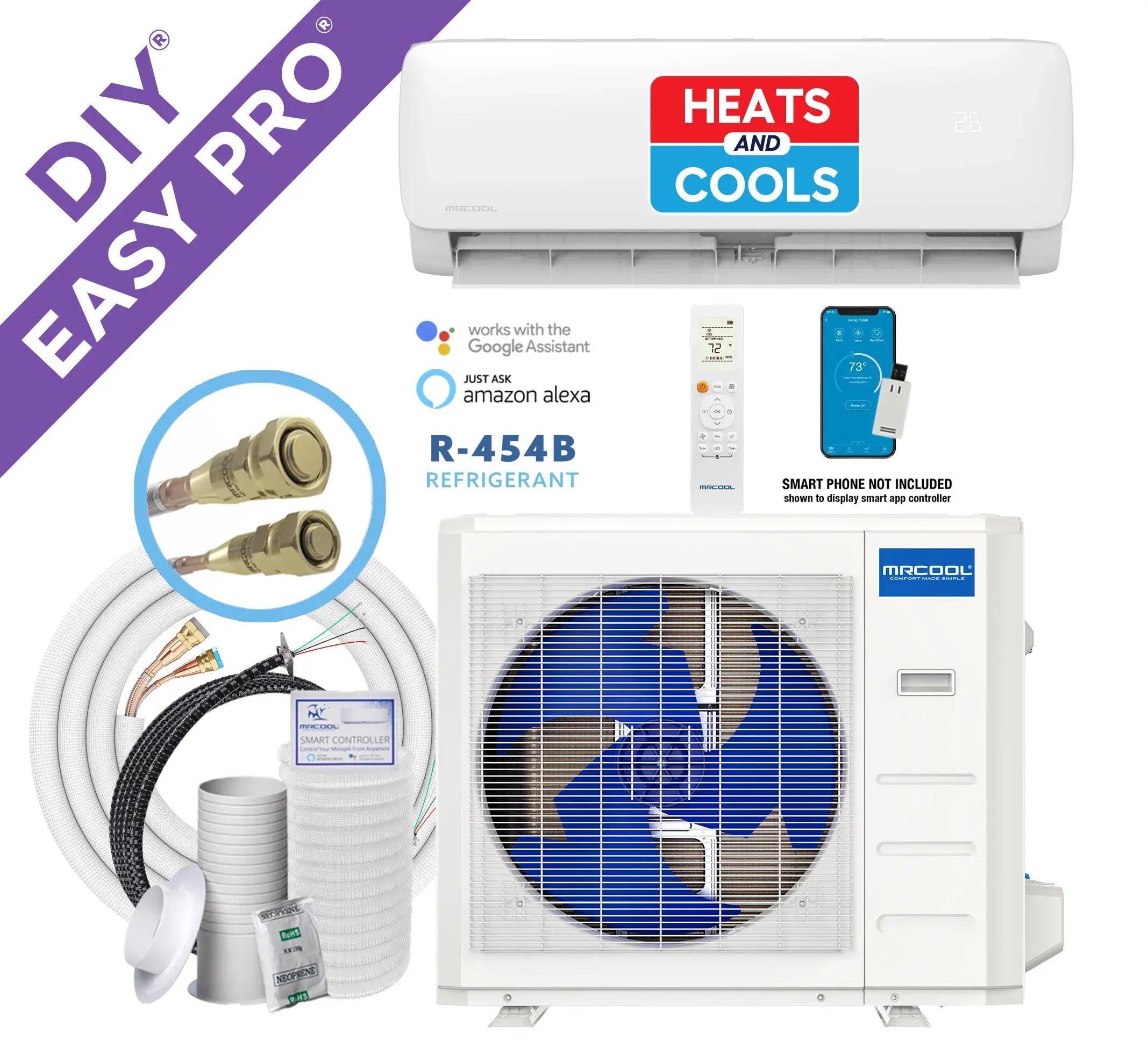 MRCOOL DIY ductless mini split kit with outdoor unit, tubing, and remote controls