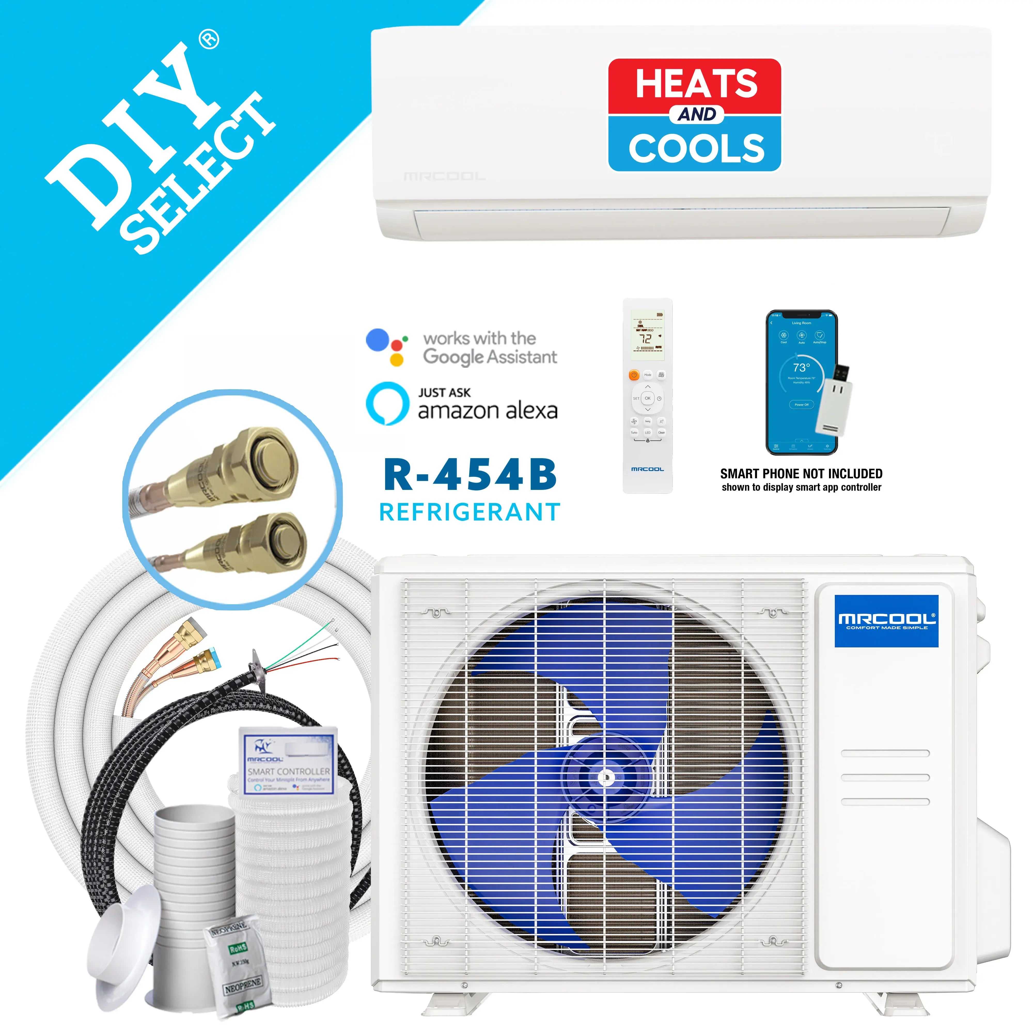 MRCOOL ductless mini split system with indoor and outdoor units; R-454B refrigerant