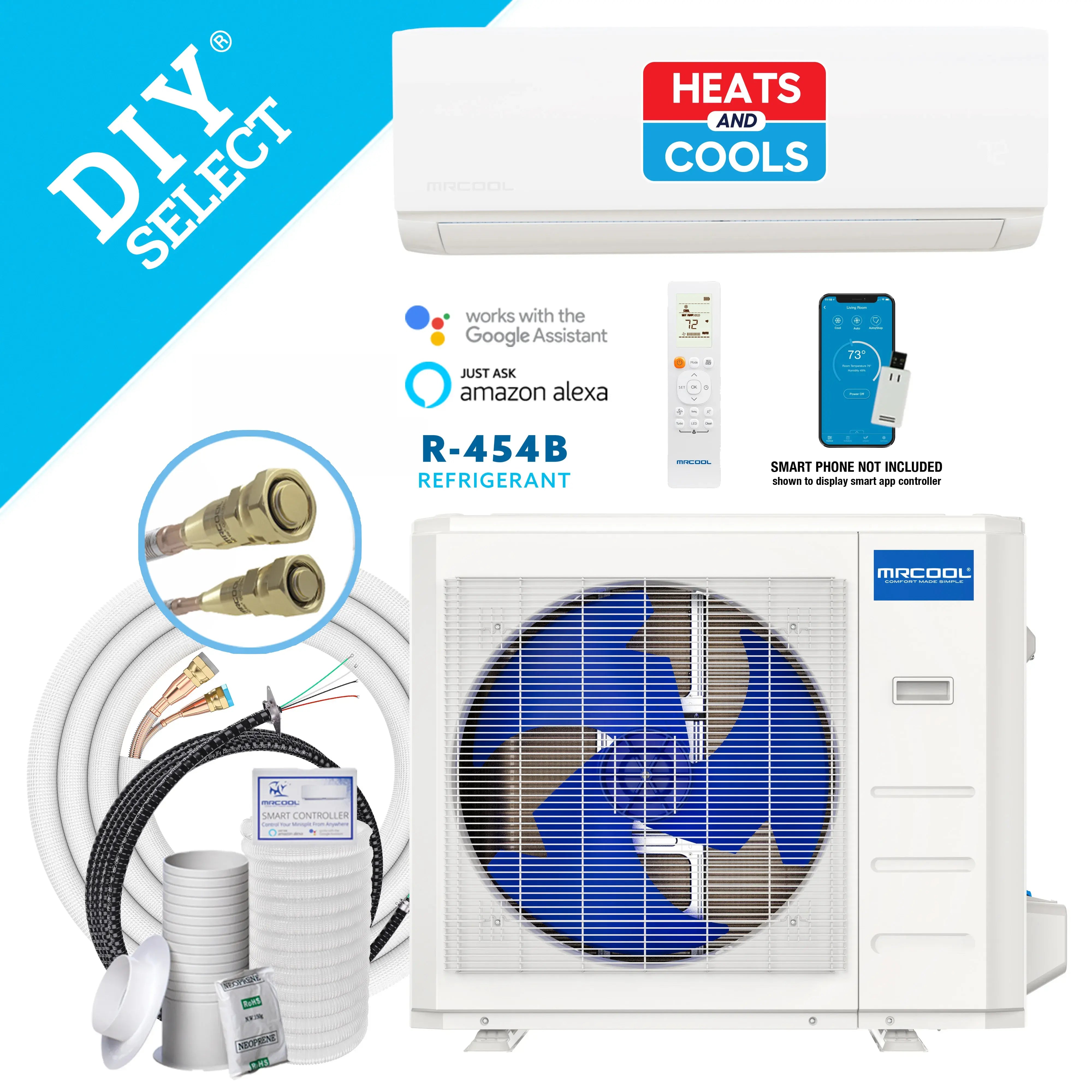 MRCOOL DIY ductless mini split set with wall unit, remote, and HEATS & COOLS label