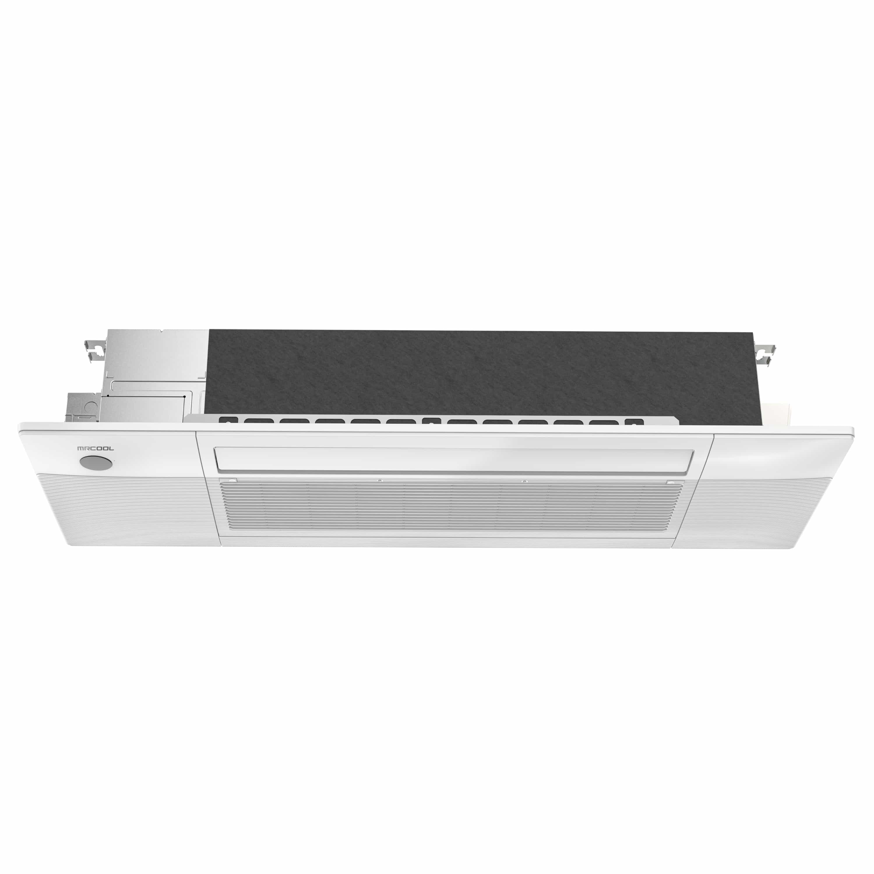 White ceiling cassette air handler underside with front grille and slim air outlet