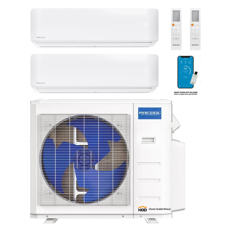 MRCOOL DIY 4th Gen Mini Split - 2-Zone 27,000 BTU Ductless Air Conditioner and Heat Pump with 18K + 9K Wall Mount Air Handlers