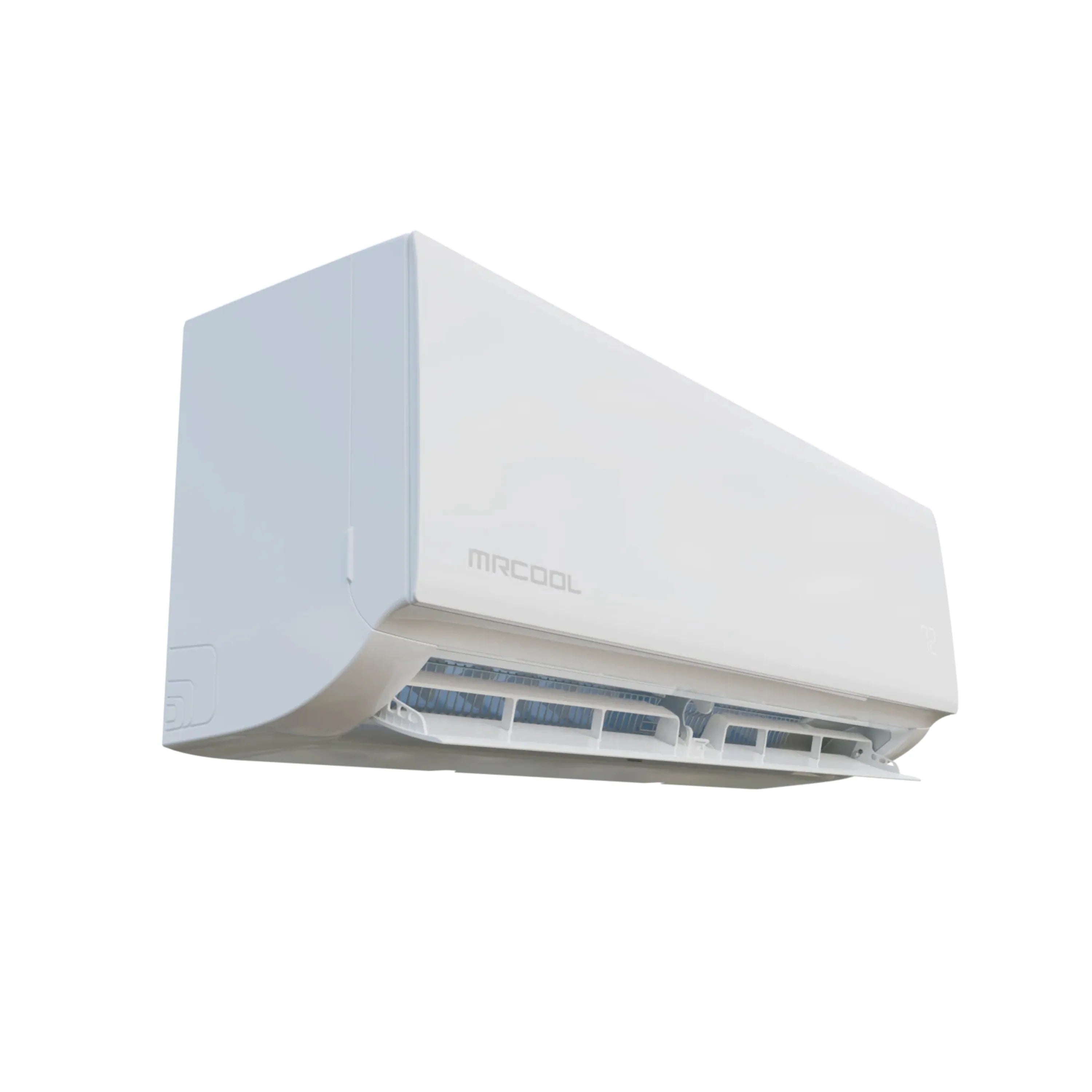 White ductless mini split indoor unit with front vent grille, angled view