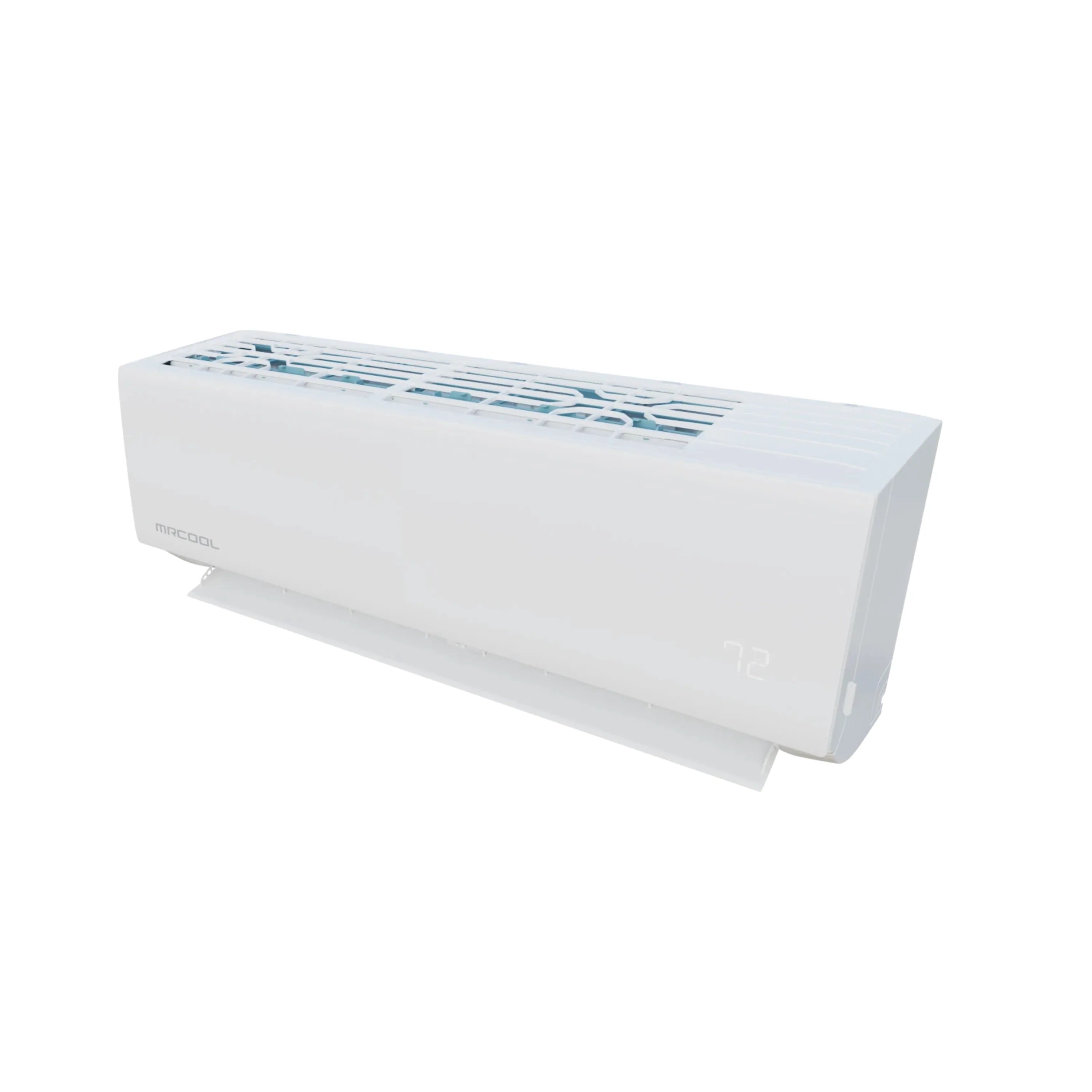 White ductless mini split indoor unit, side view with top air intake vent