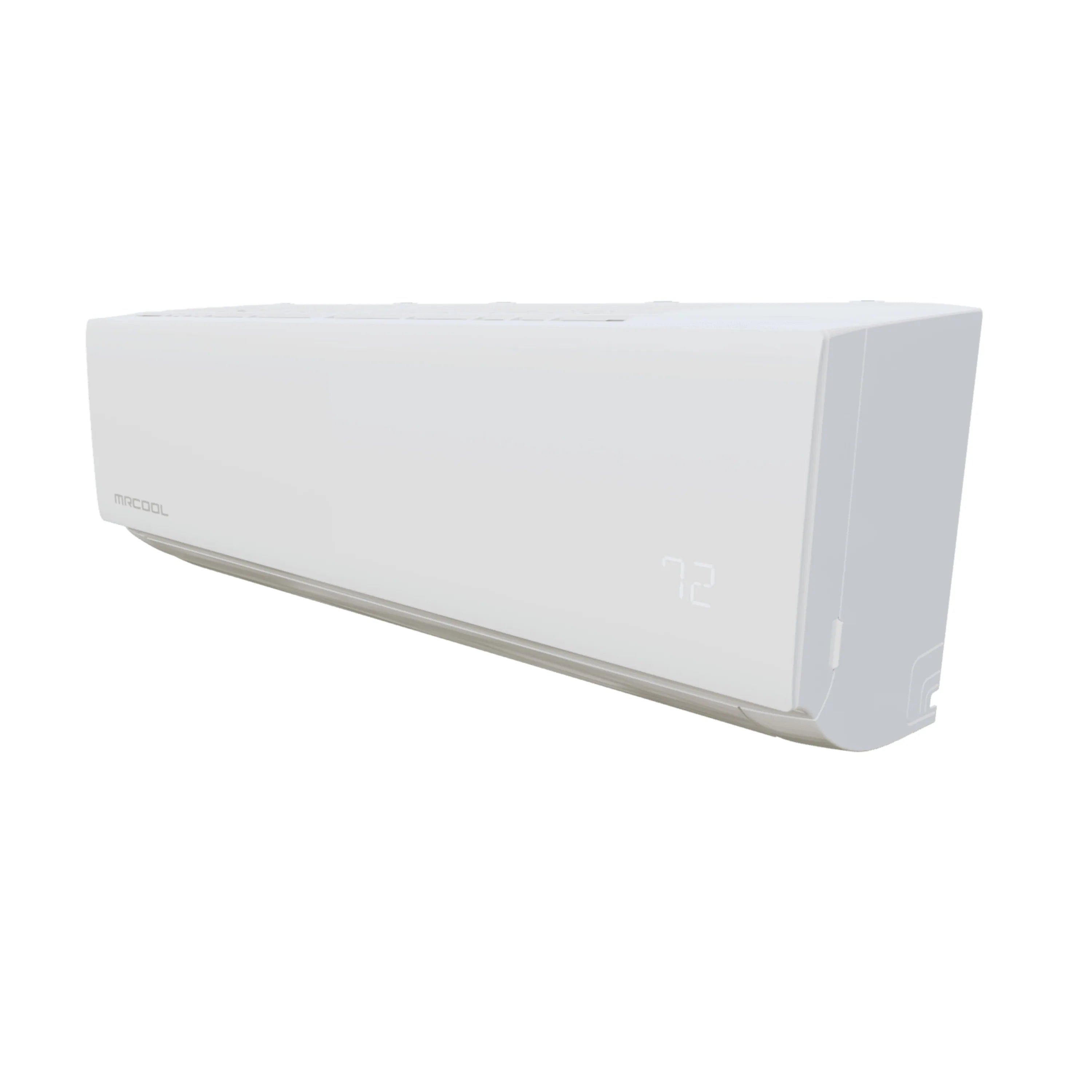 White ductless mini split indoor unit, long side profile view