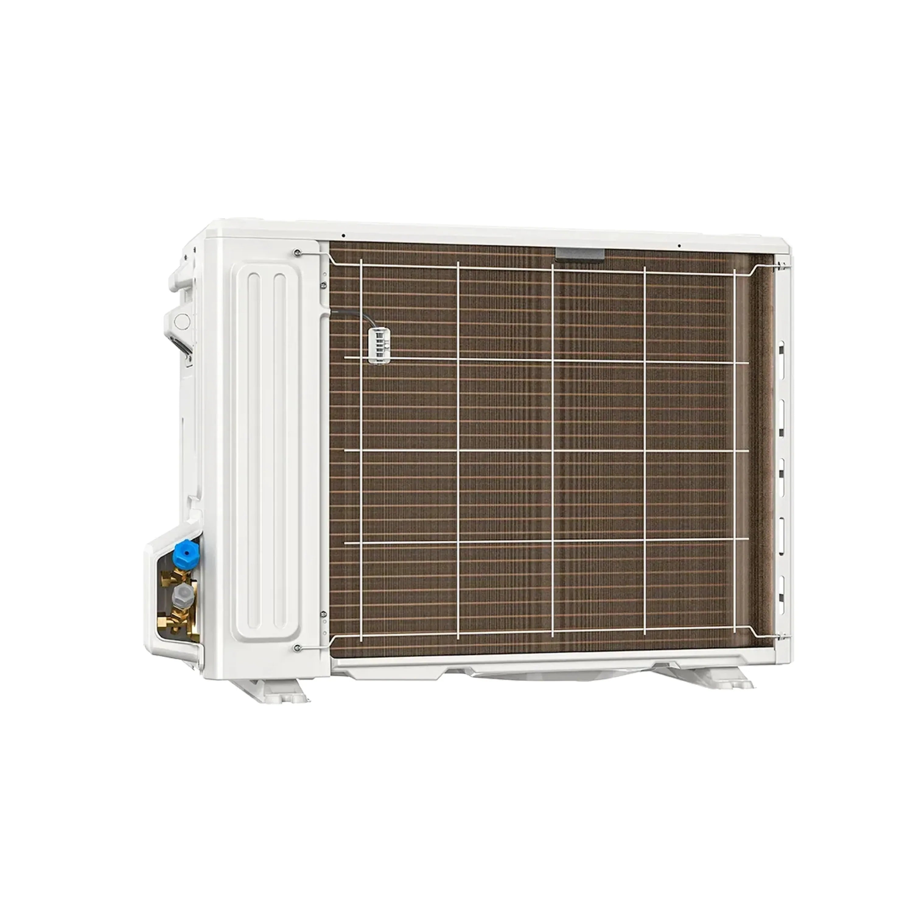 White ductless mini split outdoor condenser unit with front coil and fan
