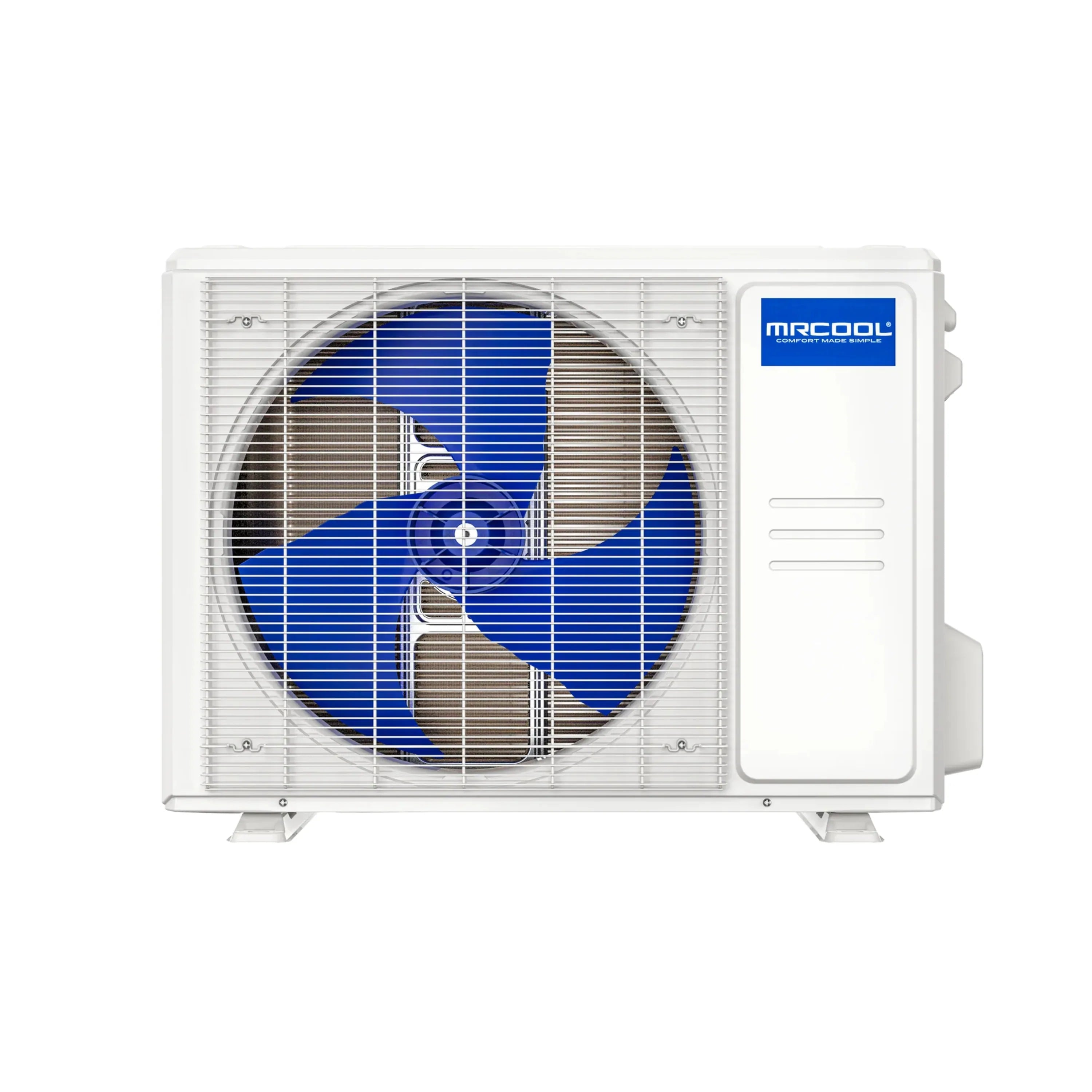 Ductless mini split outdoor unit with fan and airflow graphic on grille
