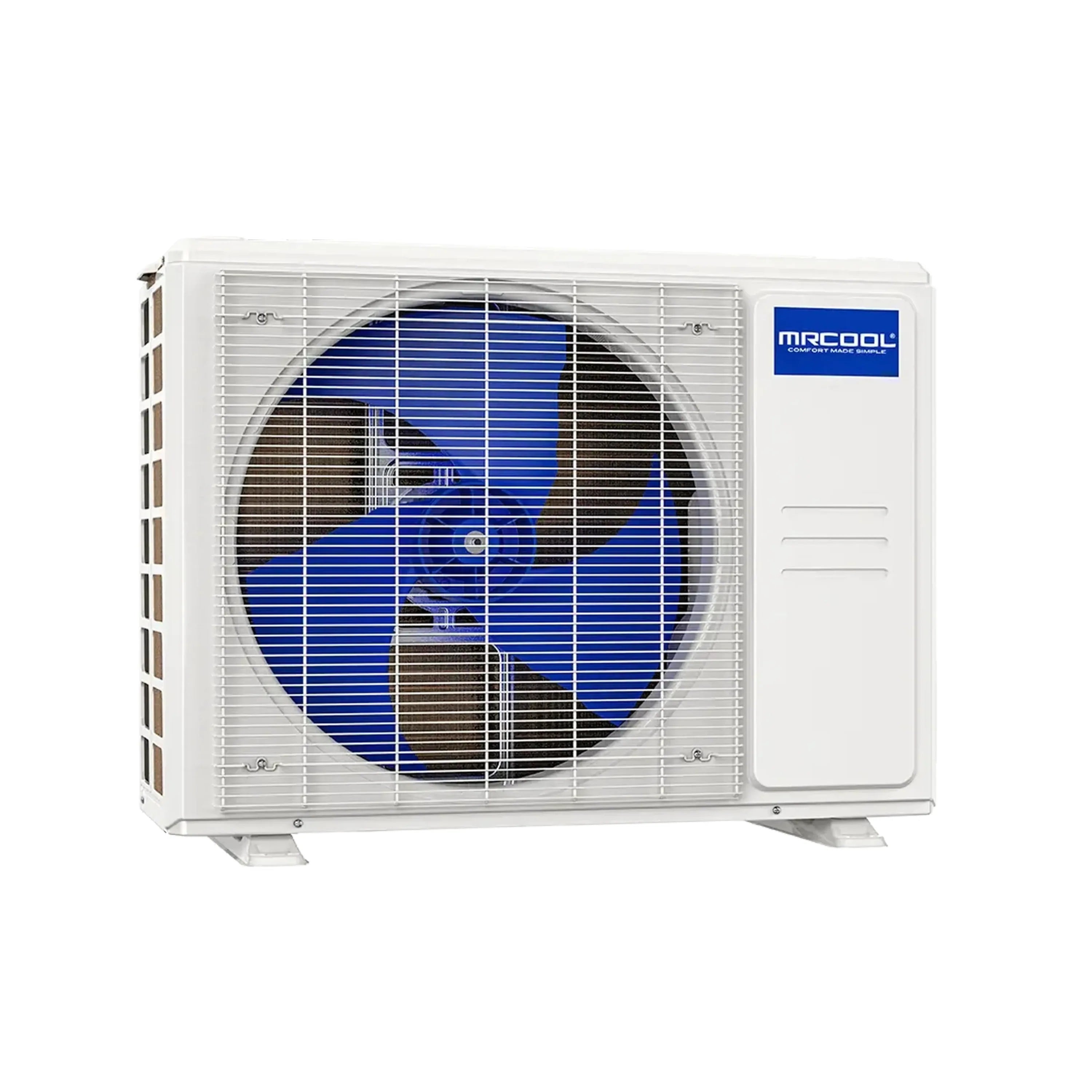 White ductless mini split outdoor condenser with circular fan and blue coil fins