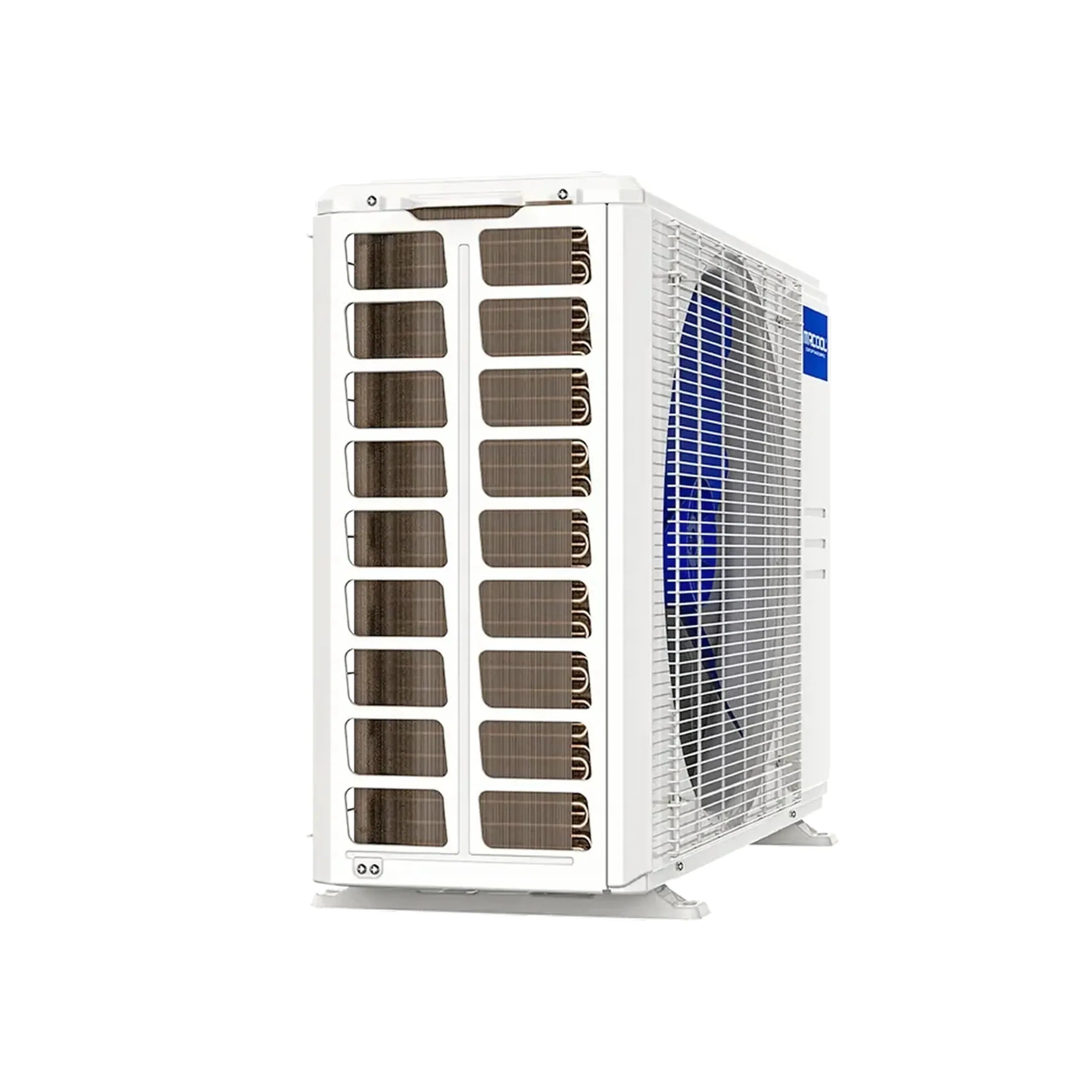 White MRCOOL ductless mini split outdoor condenser with exposed coil and fan shroud