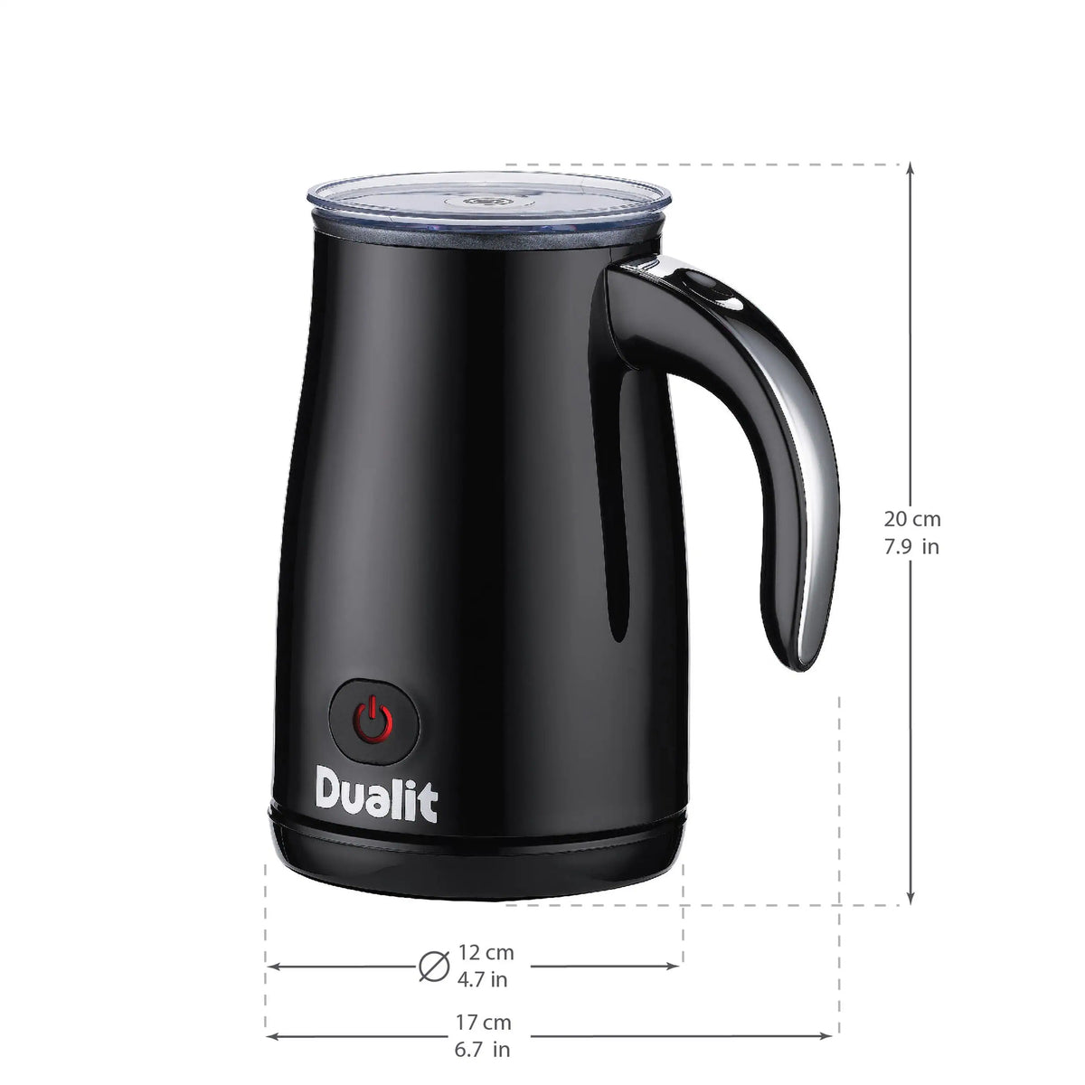 Black Dualit hot chocolate maker size diagram: 20 cm height, 12 cm diameter