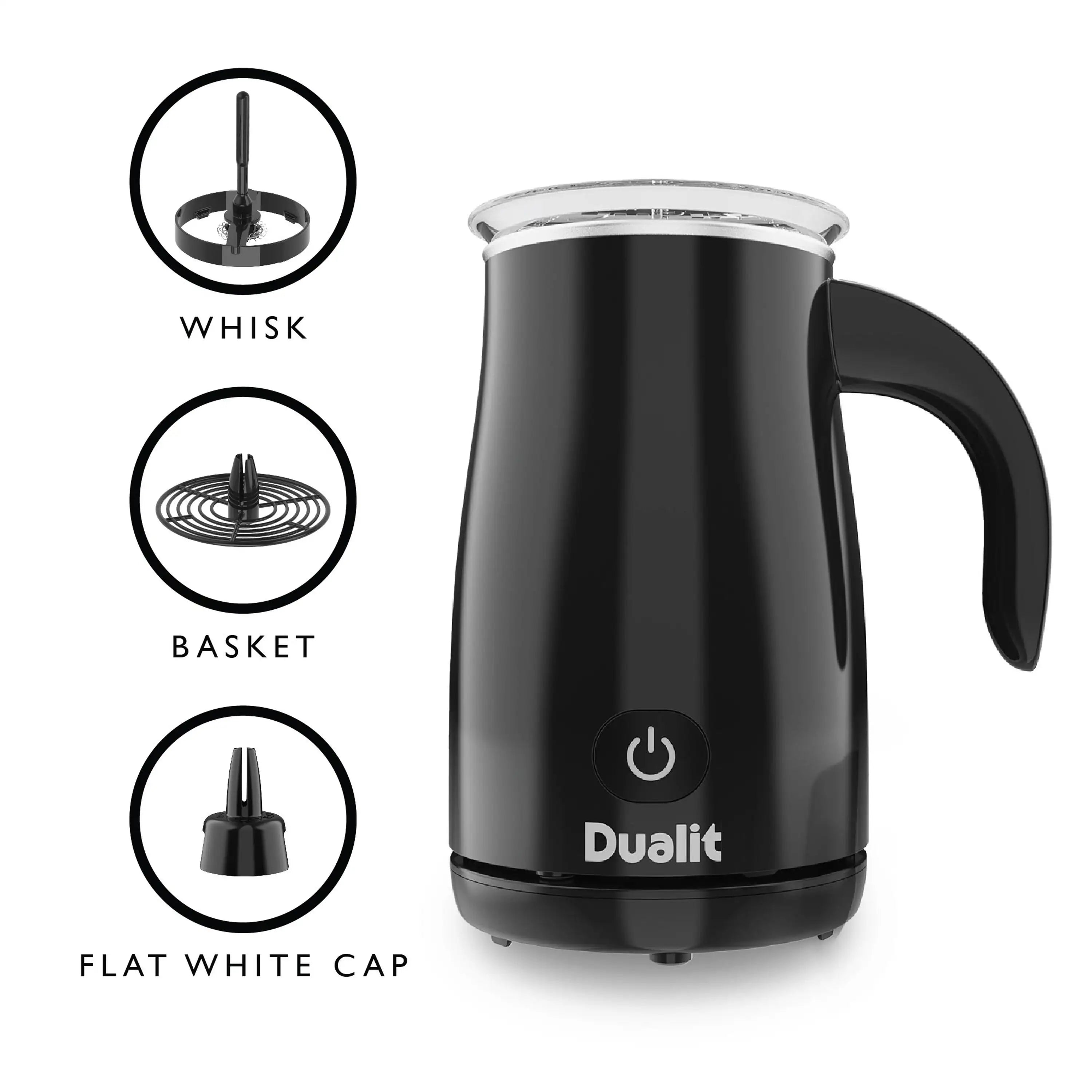 Black electric hot chocolate maker with frothing whisk, curved handle and lid