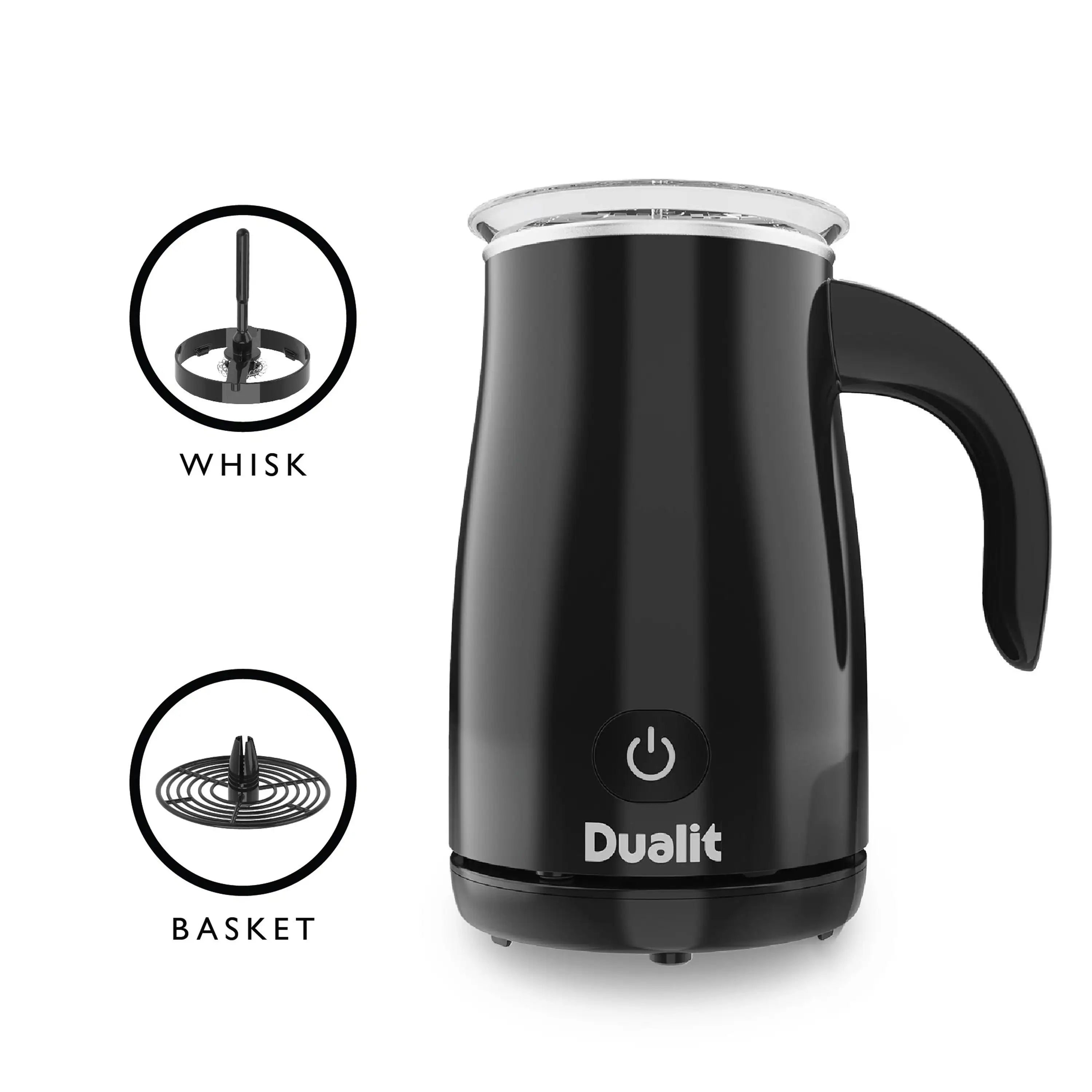 Black electric milk frother with curved handle, lid, and power button
