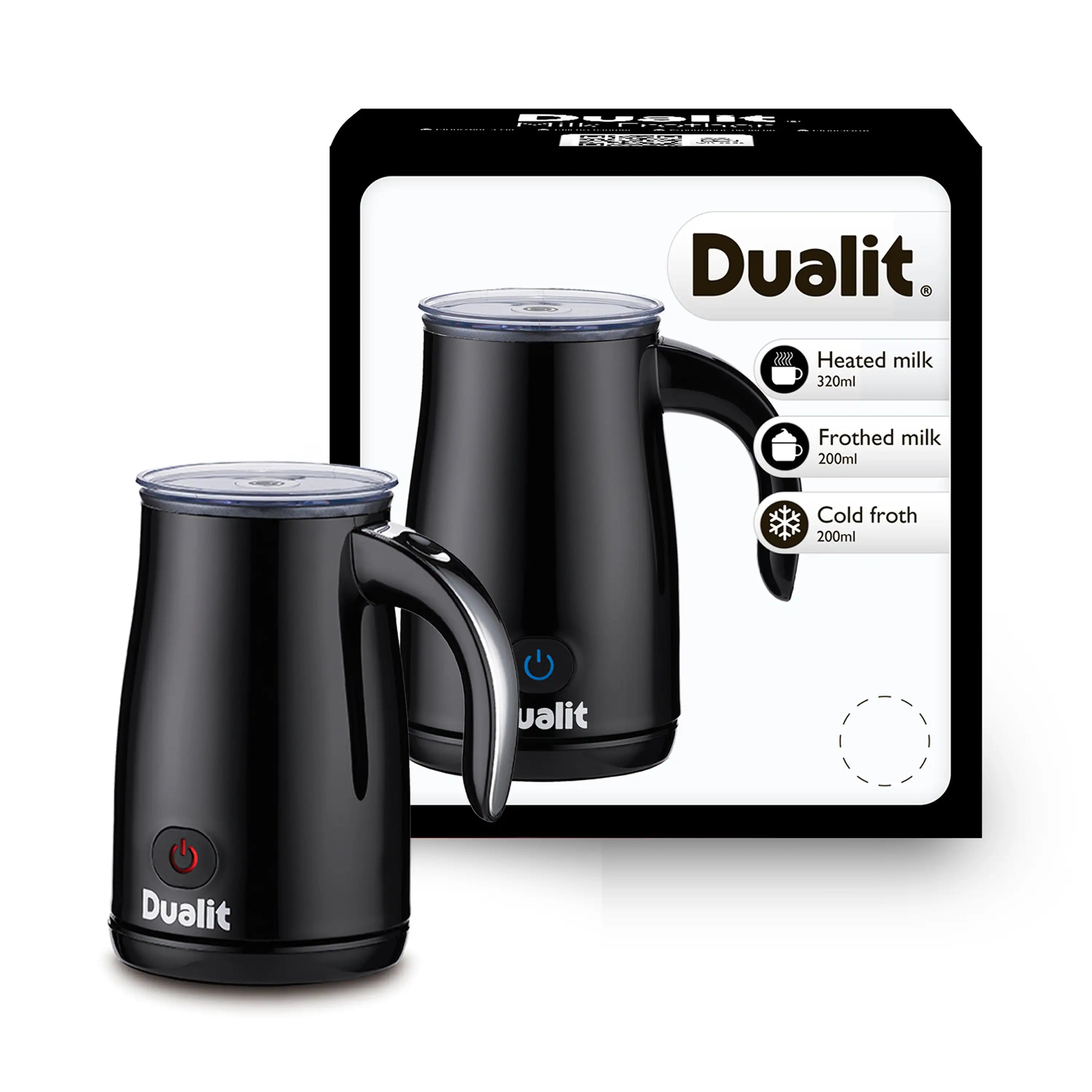 Black milk frother with base and handle, shown with product box for heated and frothed drinks