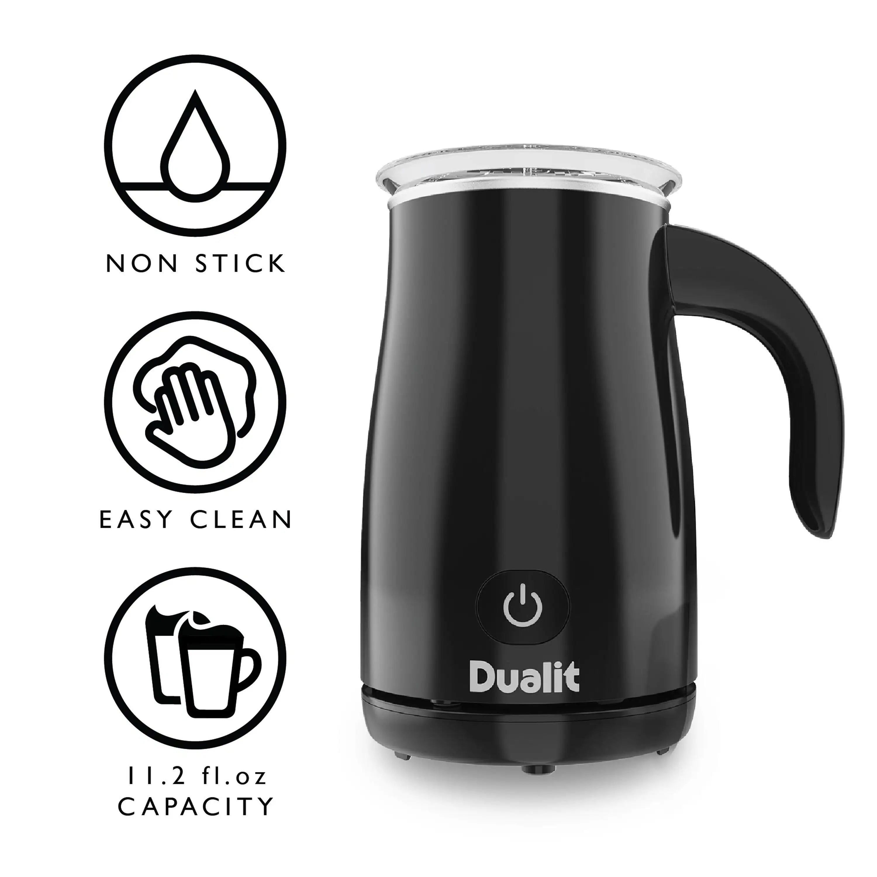 Black electric milk frother with lid and handle, with nonstick and easy-clean icons
